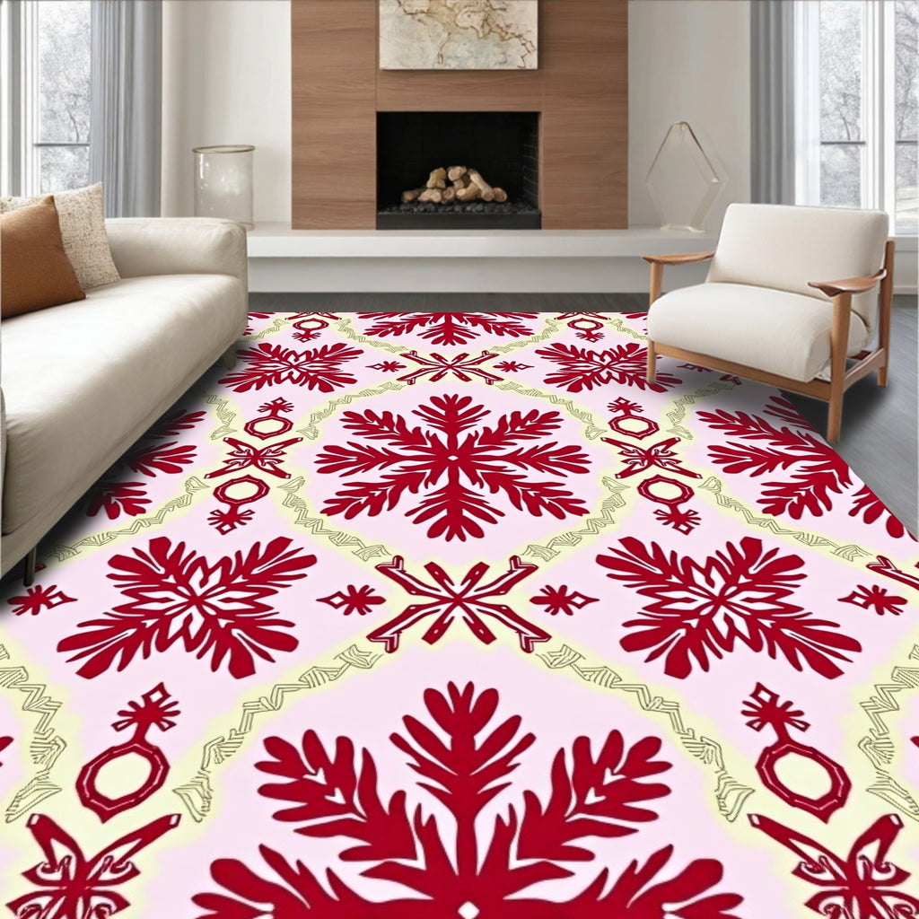 Crimson Floral Motif on Pale Pink Rug