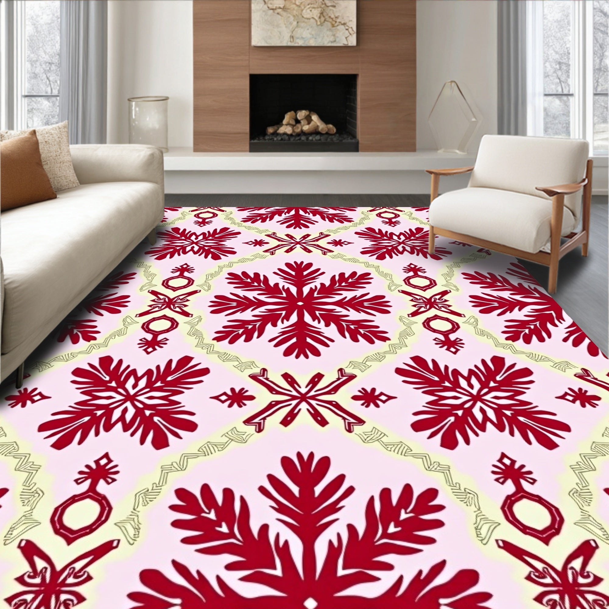 Crimson Floral Motif on Pale Pink Rug