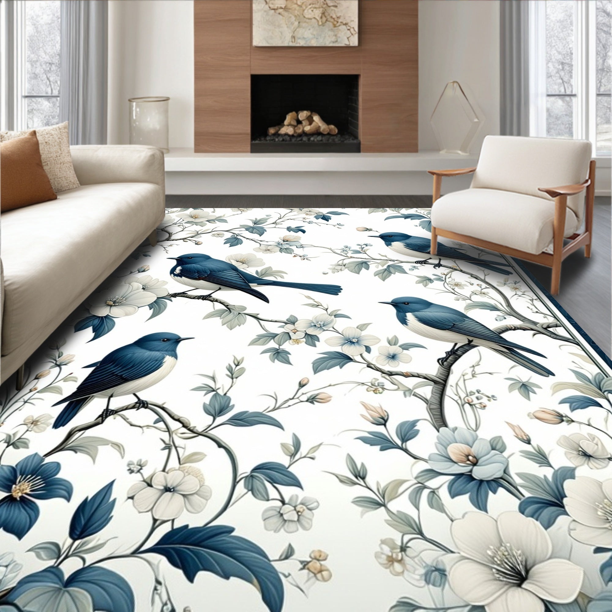 Blue Birds and Floral Branches Design Rug