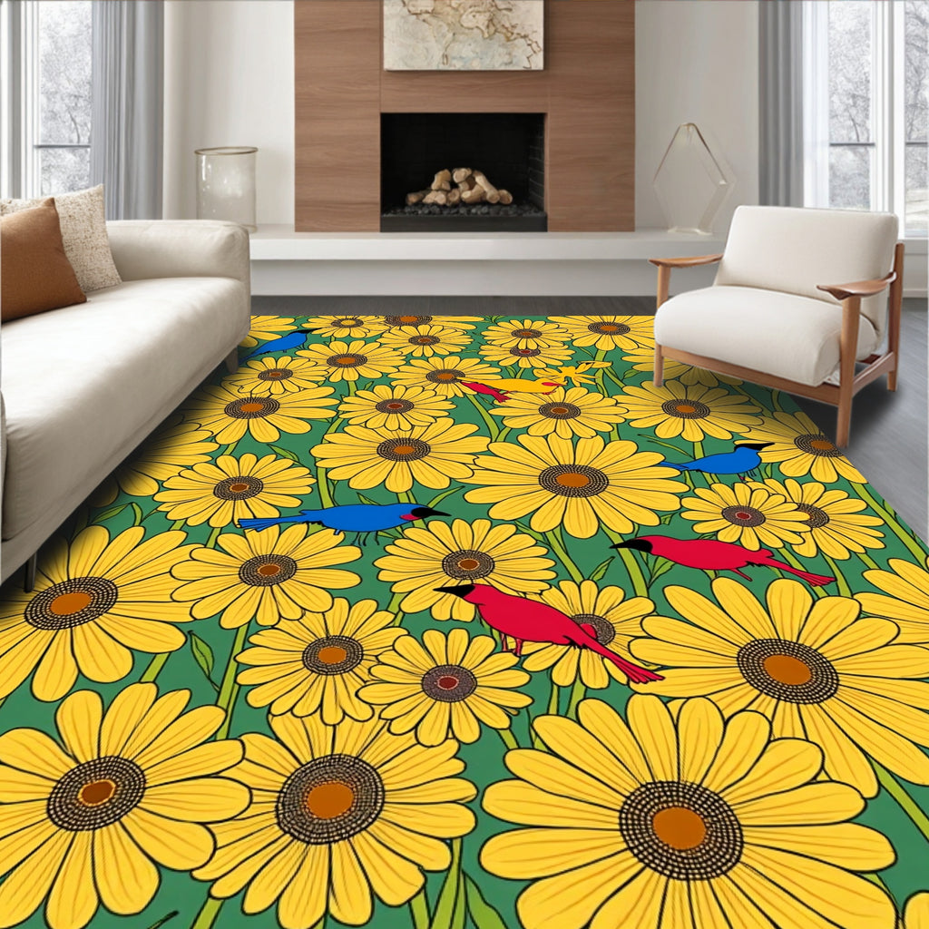 Floral Bird Pattern With Yellow Sunflowers Rug