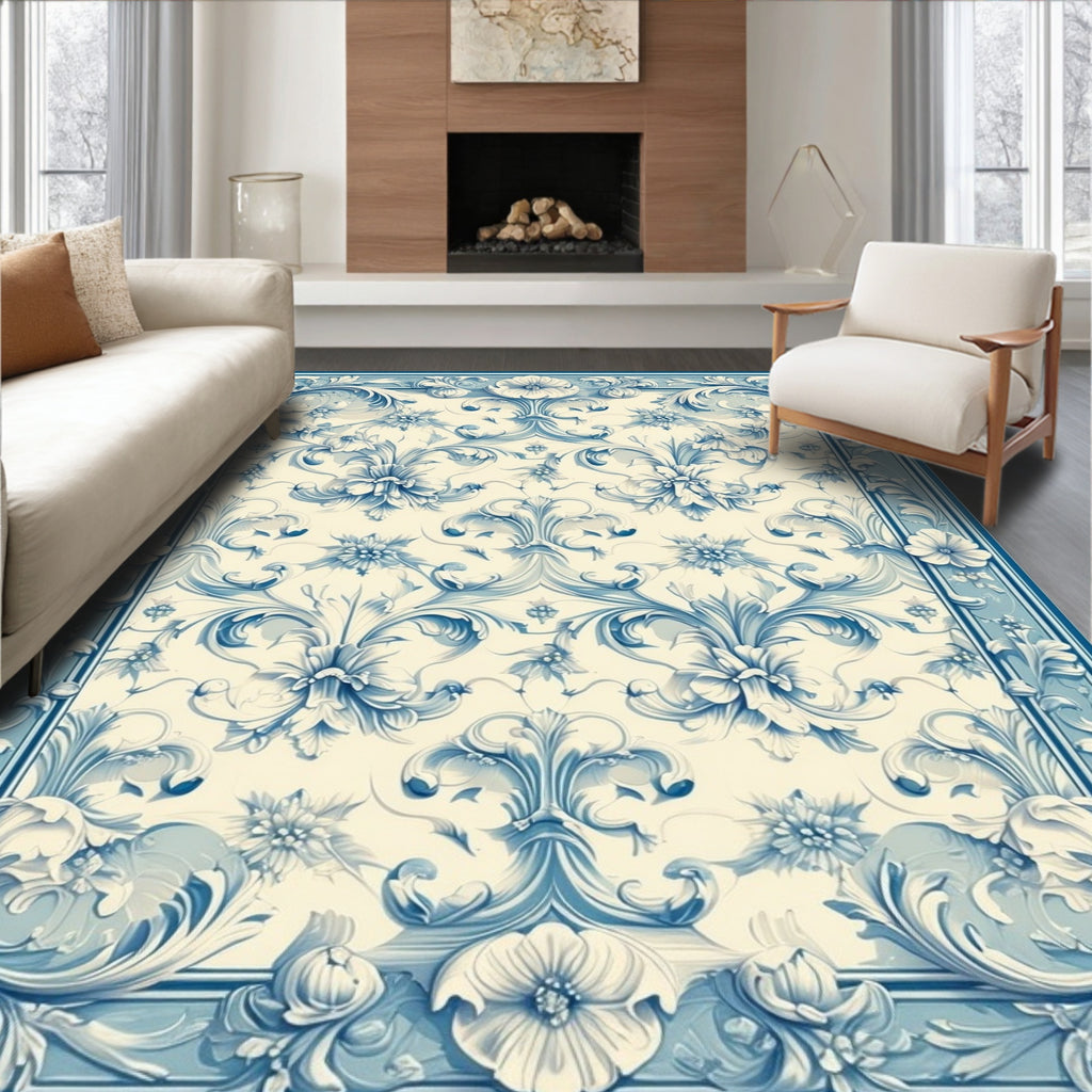 Elegant Blue White Floral Pattern Rug
