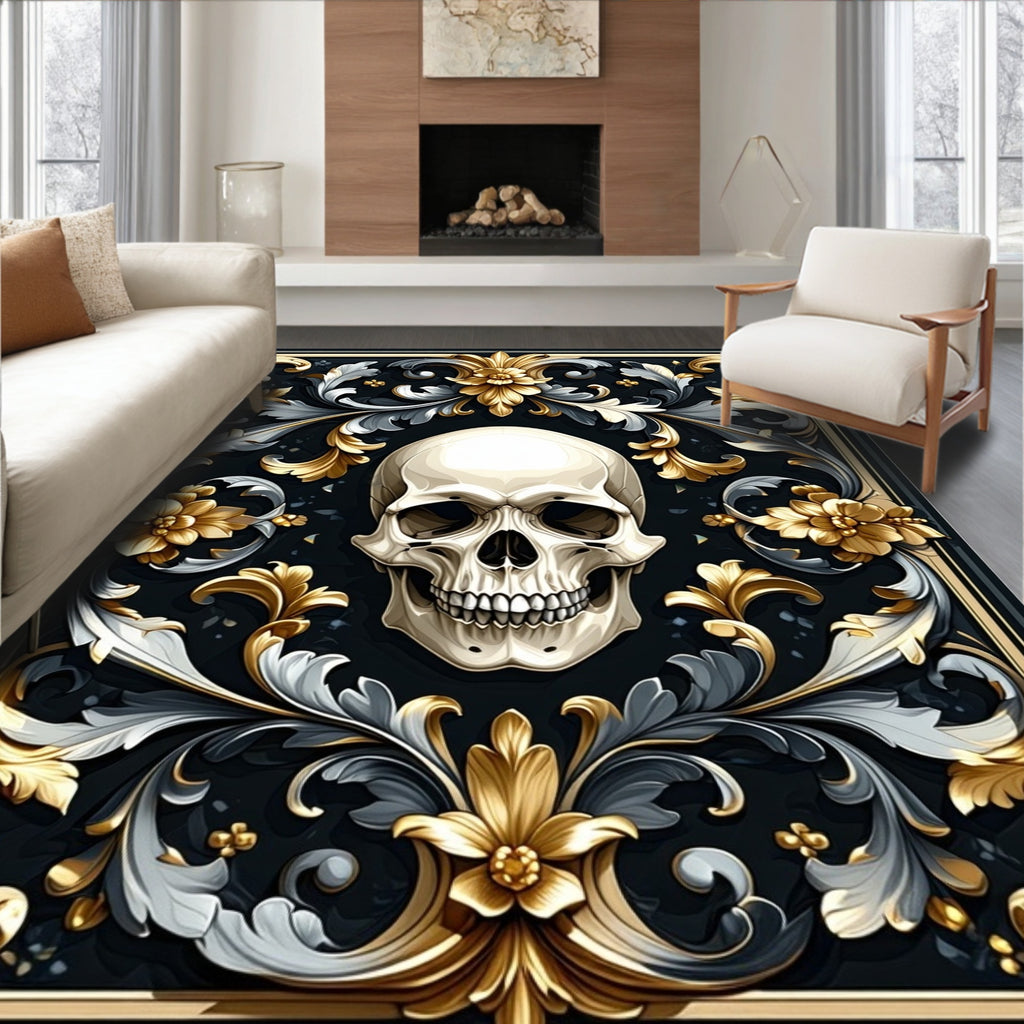 Ornate Skull And Gold Floral Pattern Rug