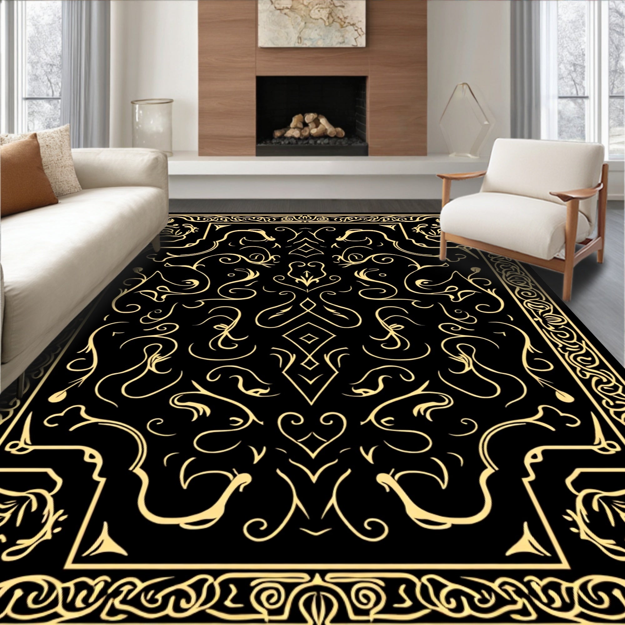 Ornate Golden Flourish Filigree Design Rug