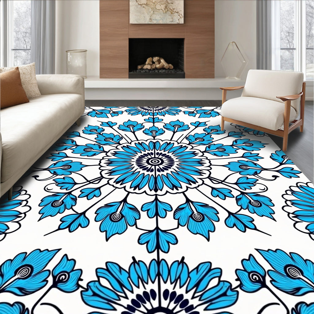Blue Floral Mandala Pattern Rug