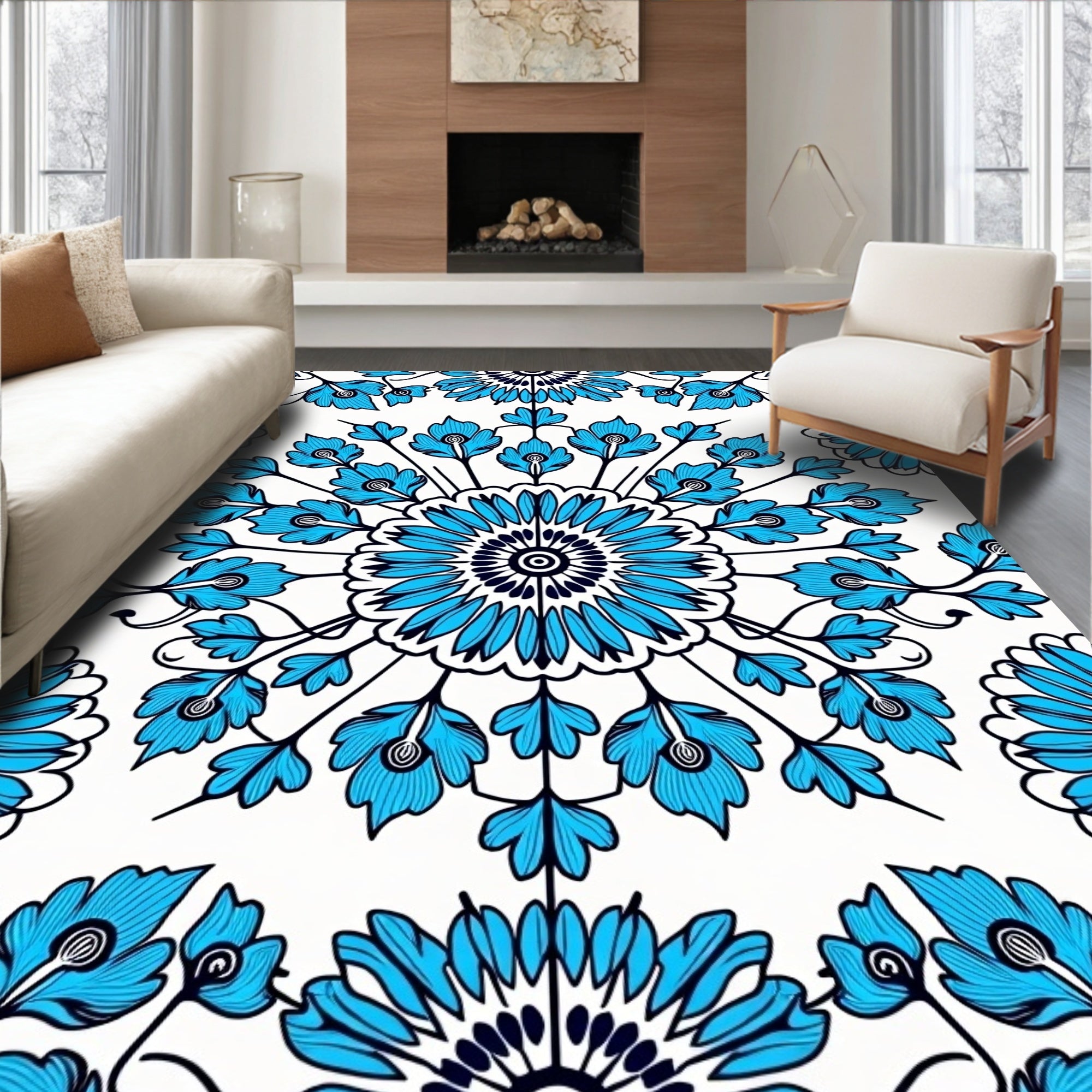 Blue Floral Mandala Pattern Rug
