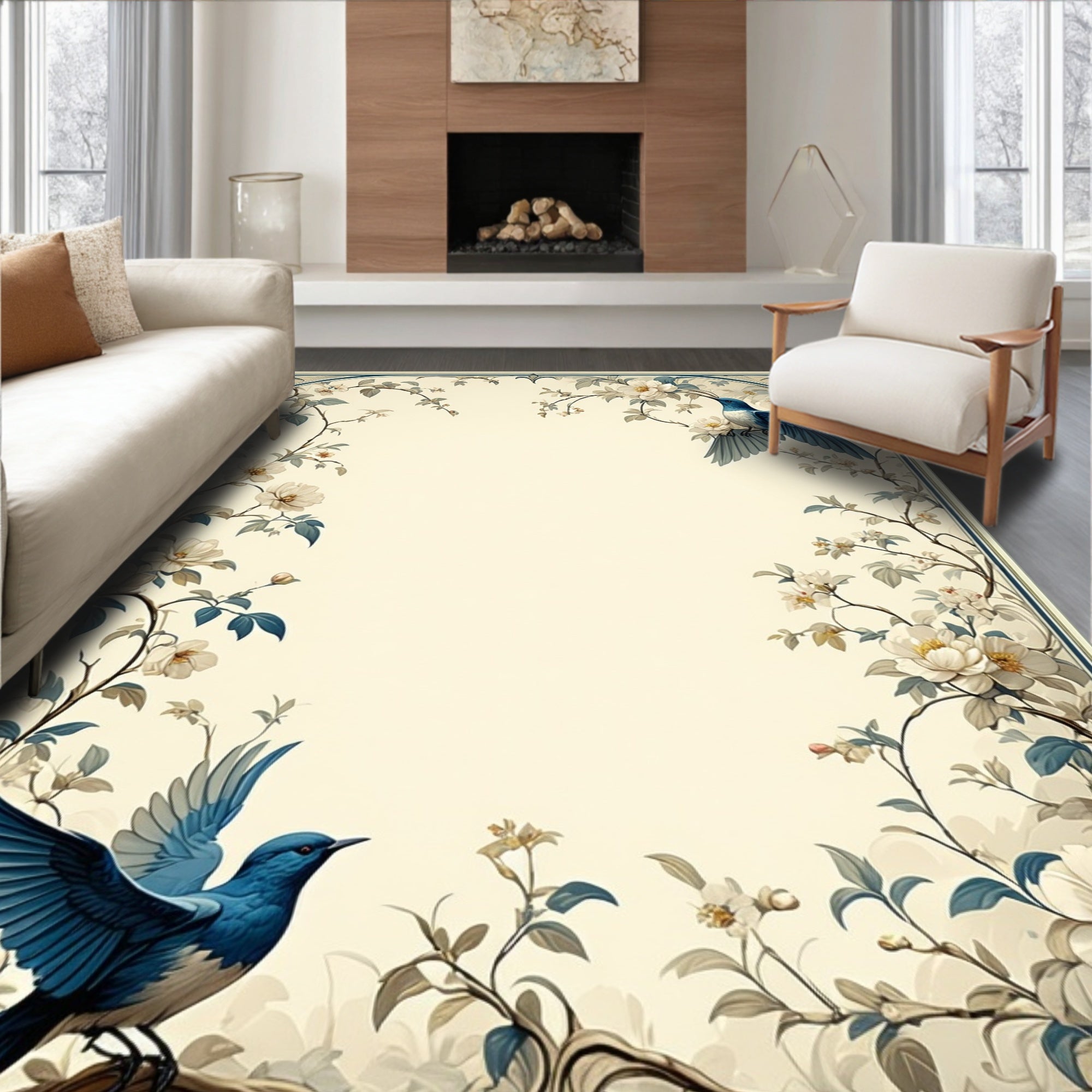 Blue Birds Floral Art Nouveau Rug