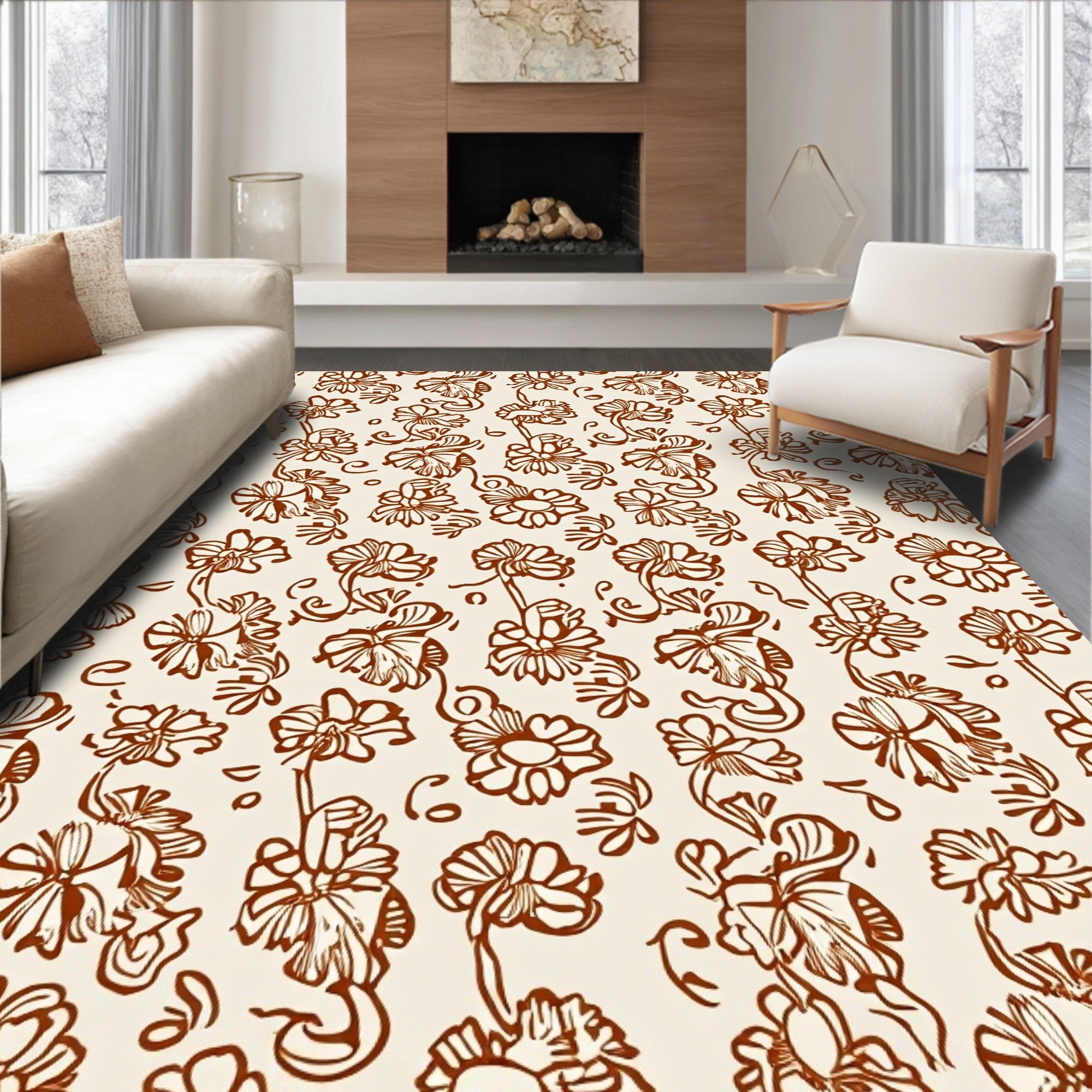 Brown Floral Vines Pattern Rug
