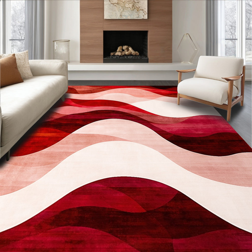 Abstract Red Layered Waves Rug