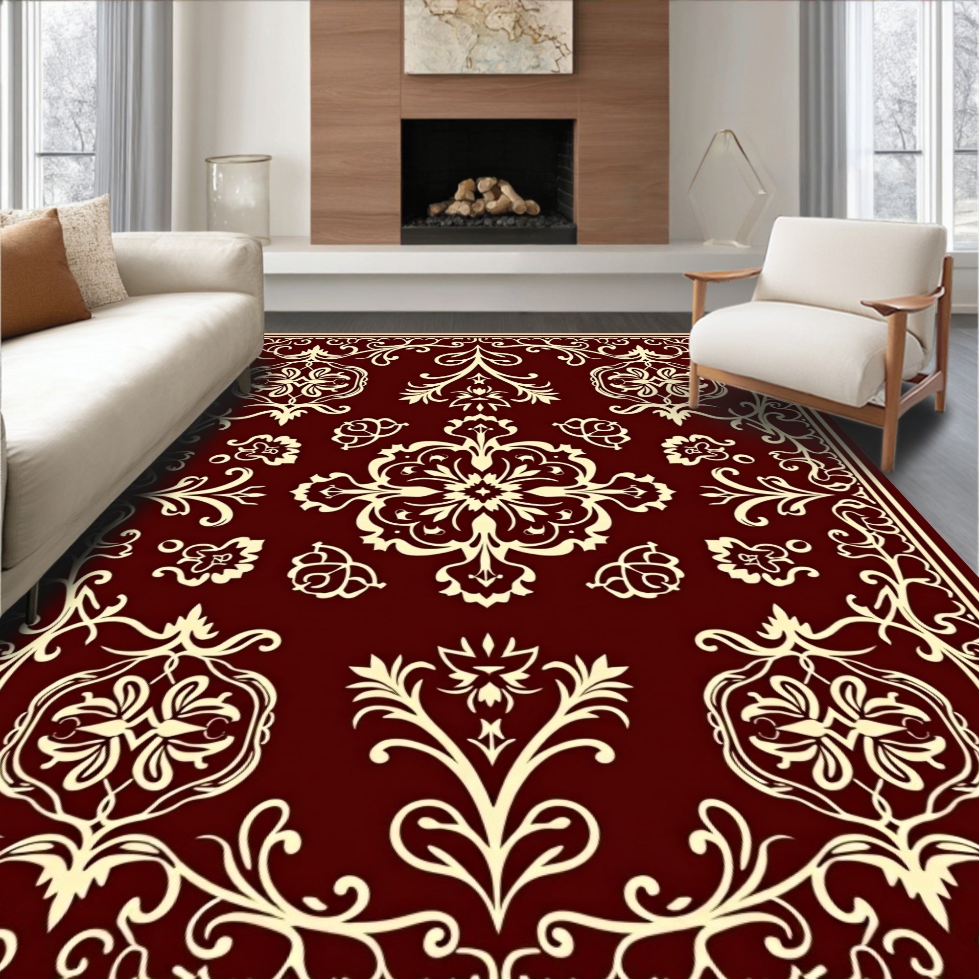 Crimson Floral Medallion Scrollwork Rug