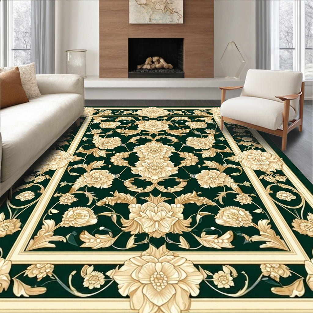 Classic Floral Scrollwork Dark Green Rug
