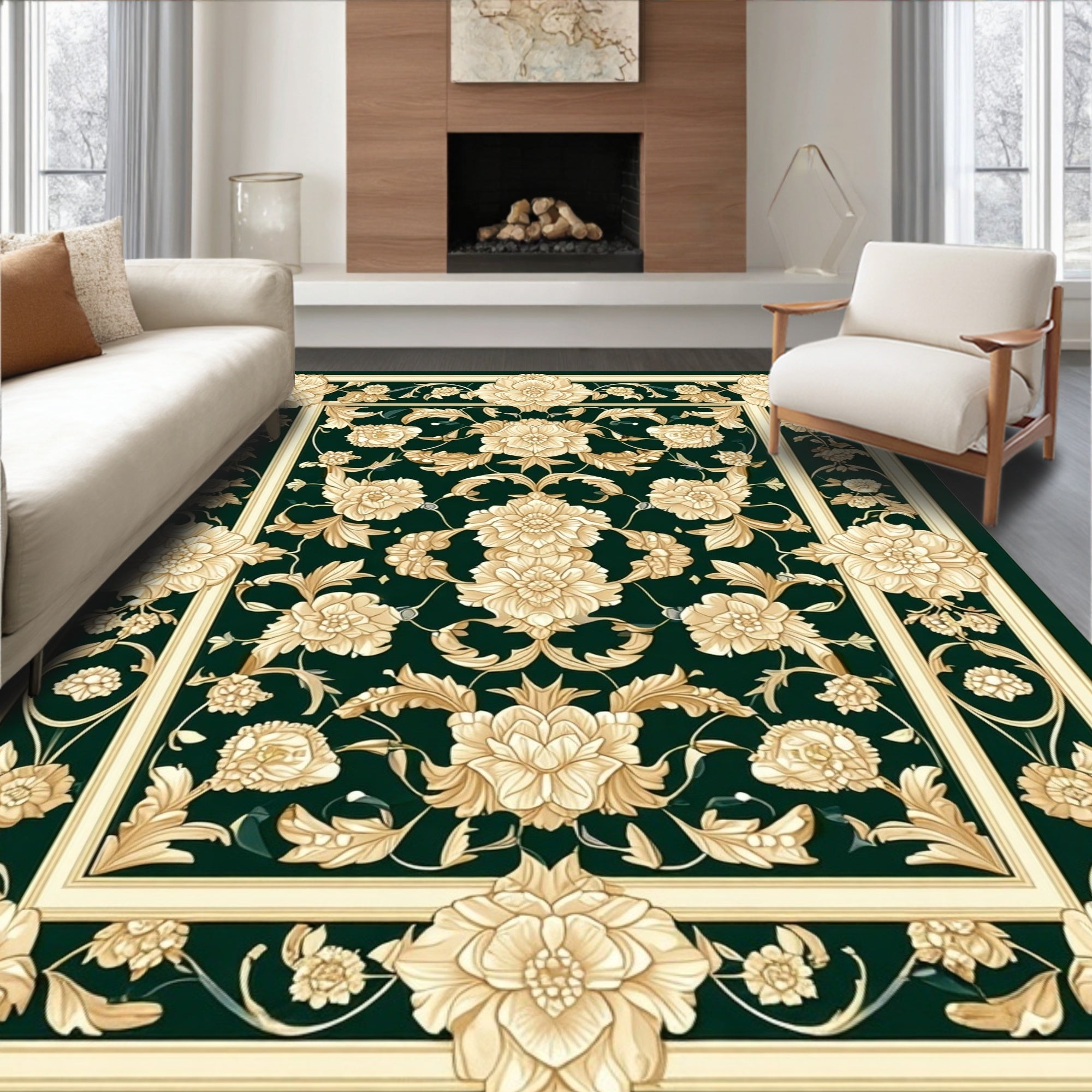 Classic Floral Scrollwork Dark Green Rug
