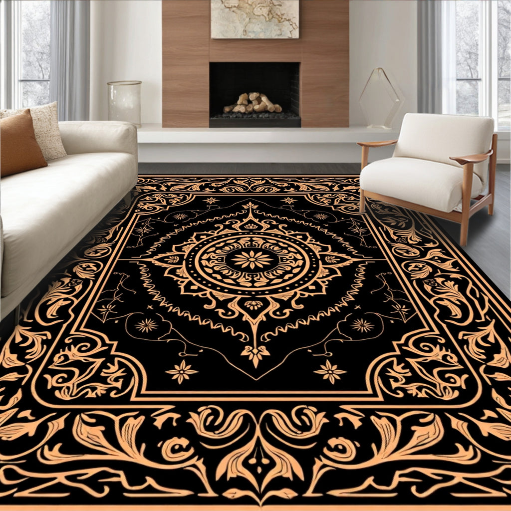Vintage Floral Medallion Black Gold Rug