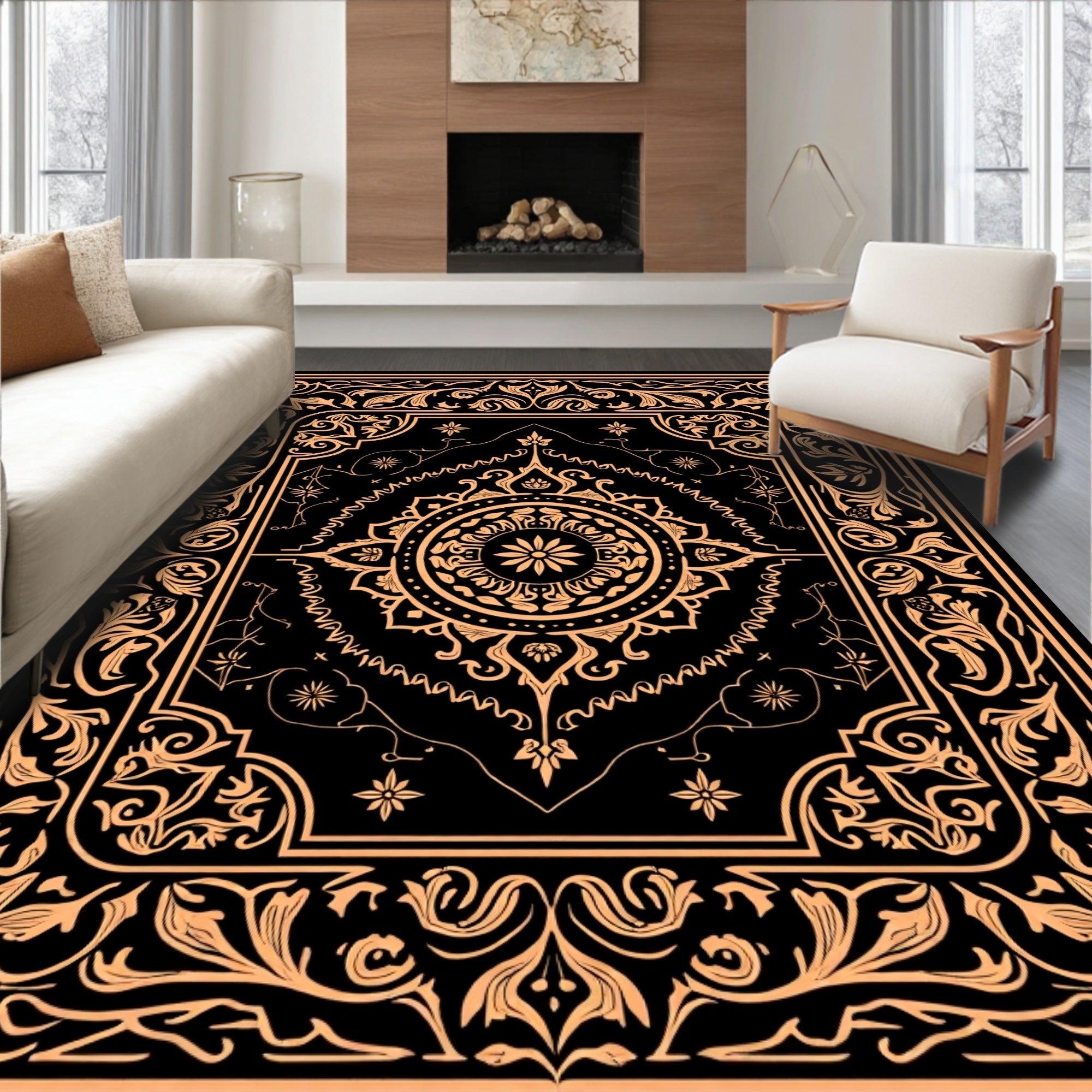 Vintage Floral Medallion Black Gold Rug