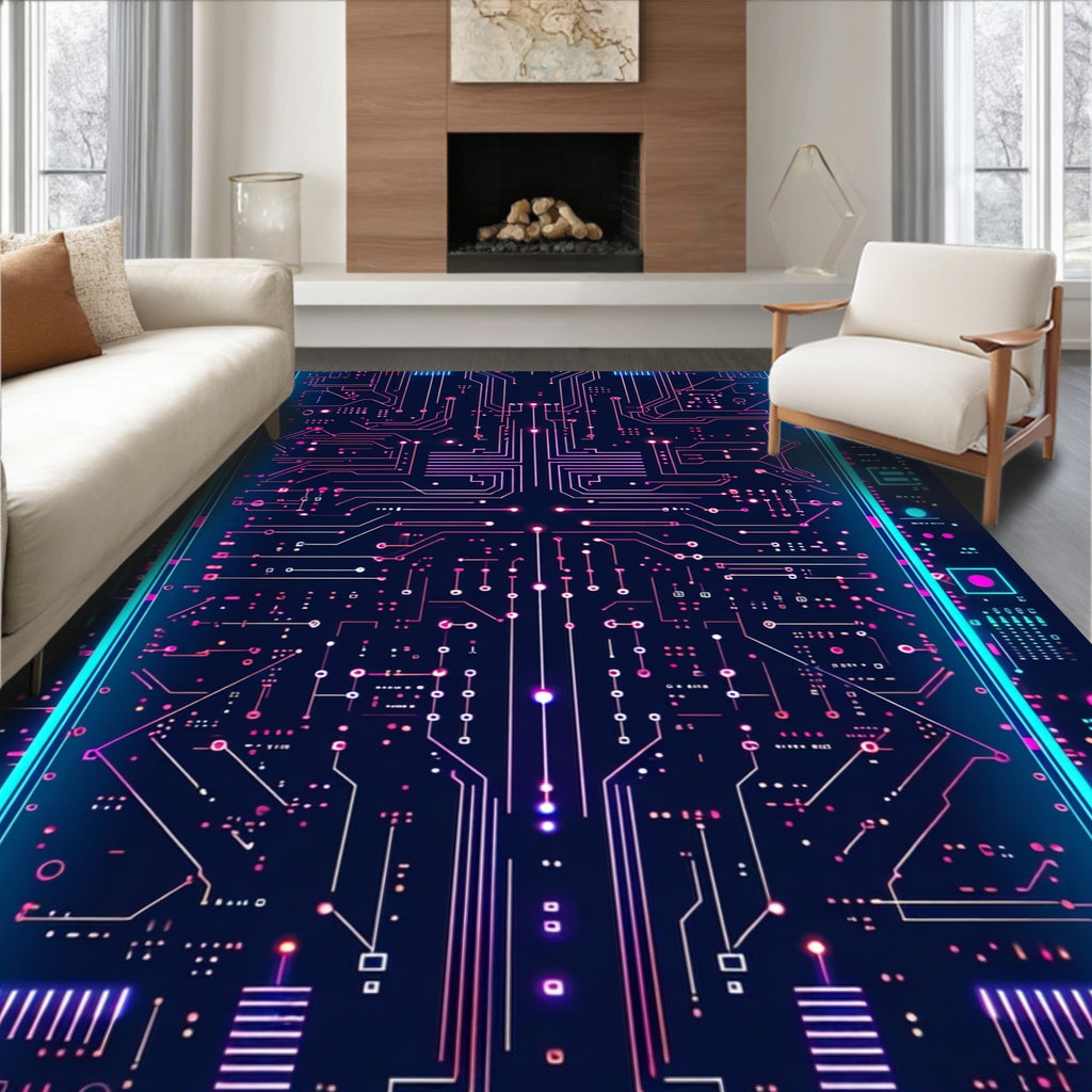 Circuit Board Neon Pattern Rug