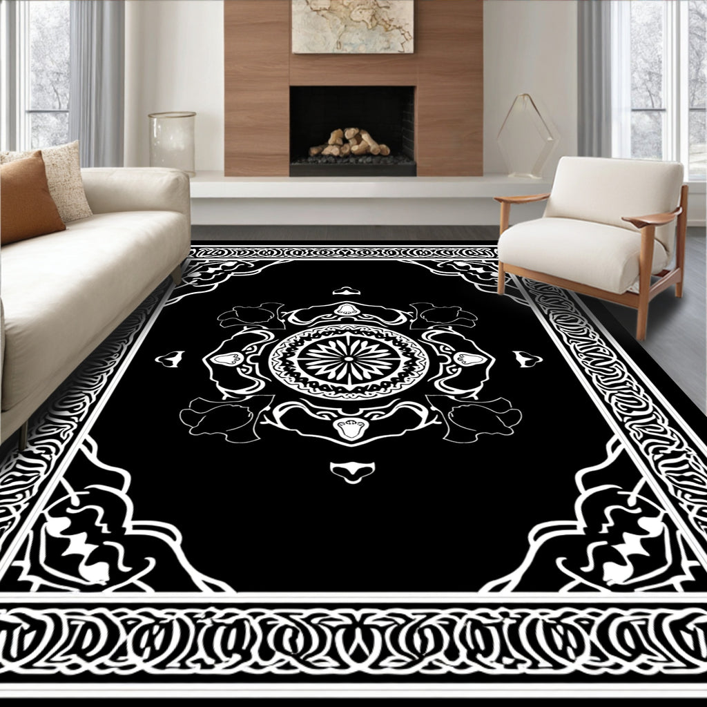 Bold Black Mandala Floral Pattern Rug