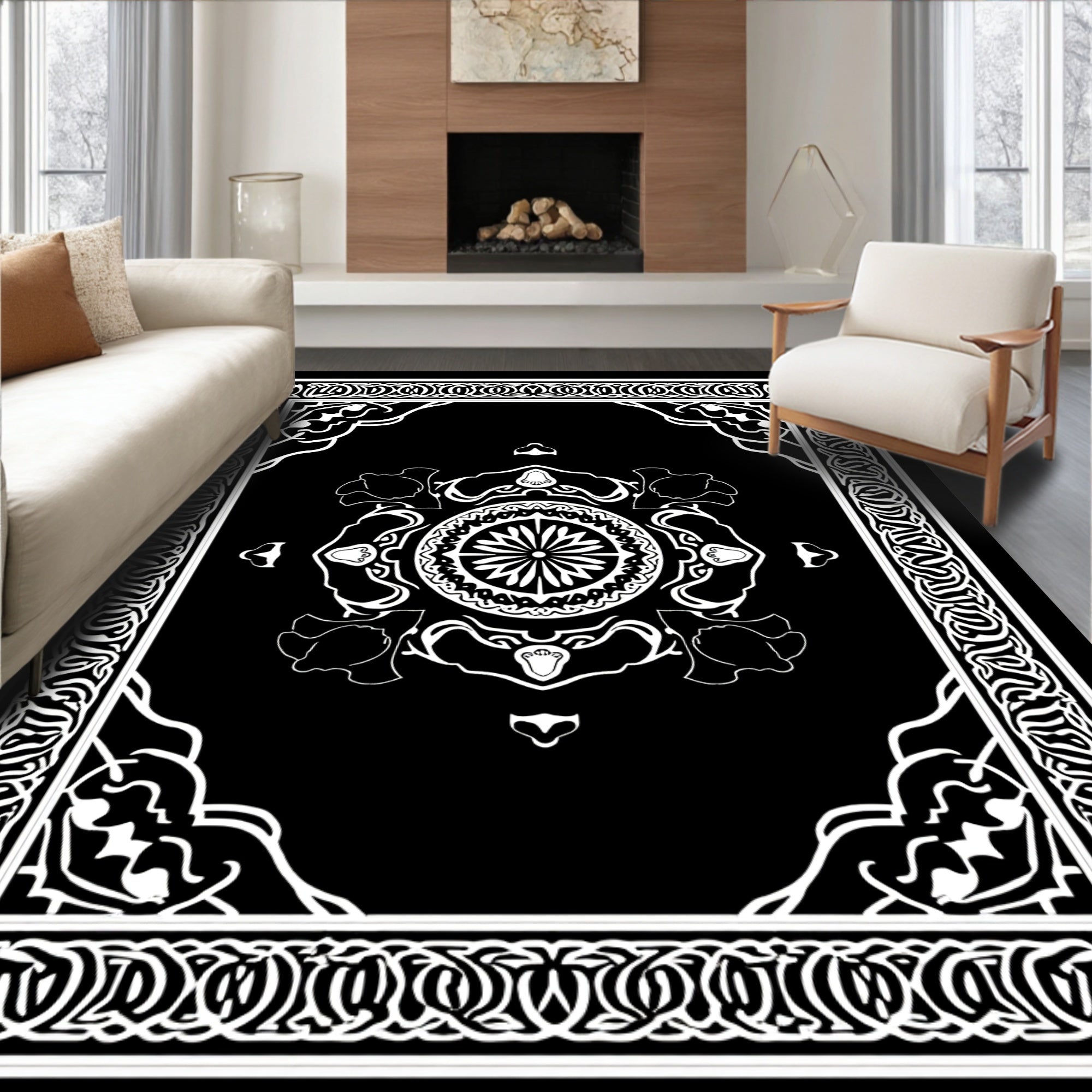 Bold Black Mandala Floral Pattern Rug