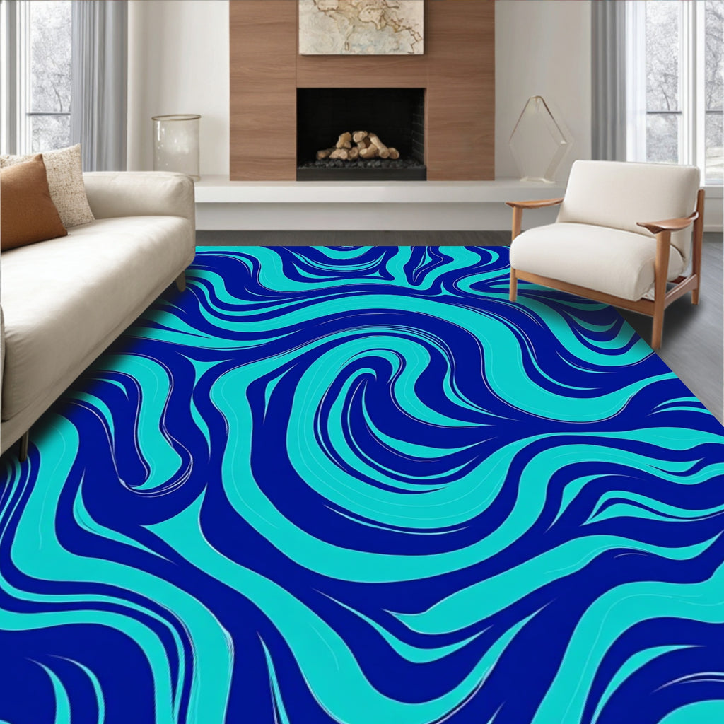 Flowing Aqua And Navy Swirl Pattern Rug