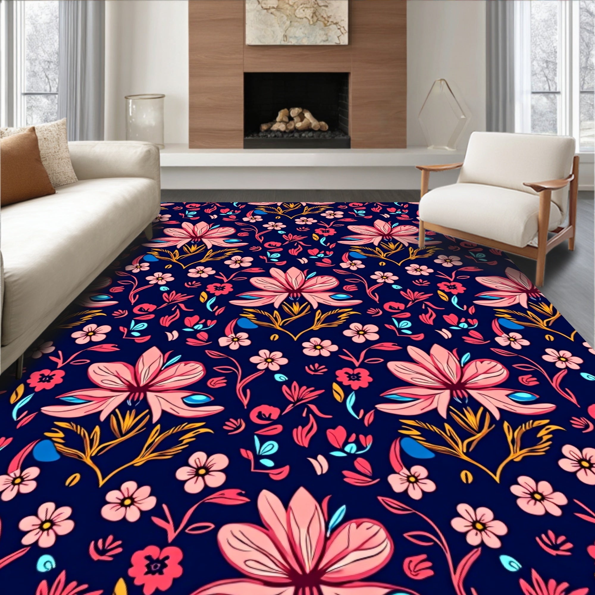 Vibrant Floral Pattern In Pink Blue Rug