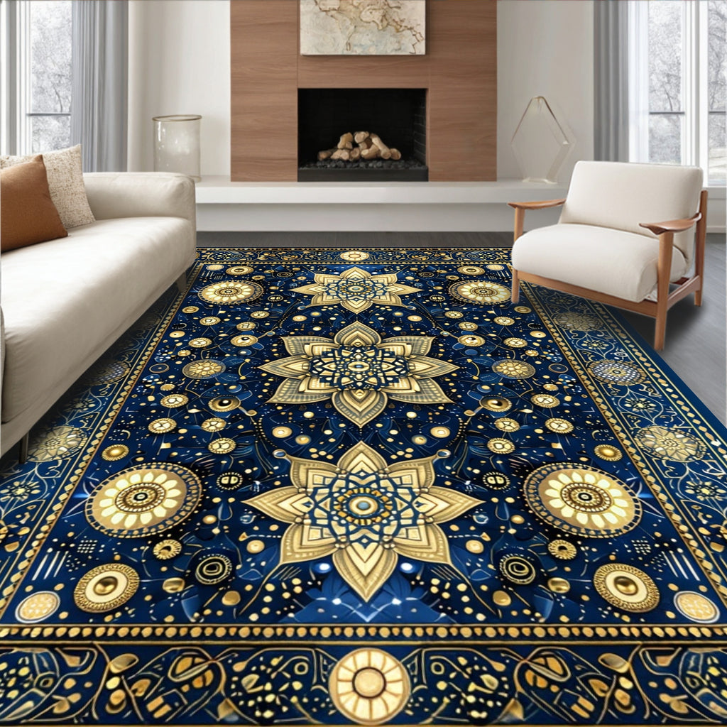 Intricate Floral Geometric Blue Gold Rug
