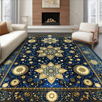 Intricate Floral Geometric Blue Gold Rug