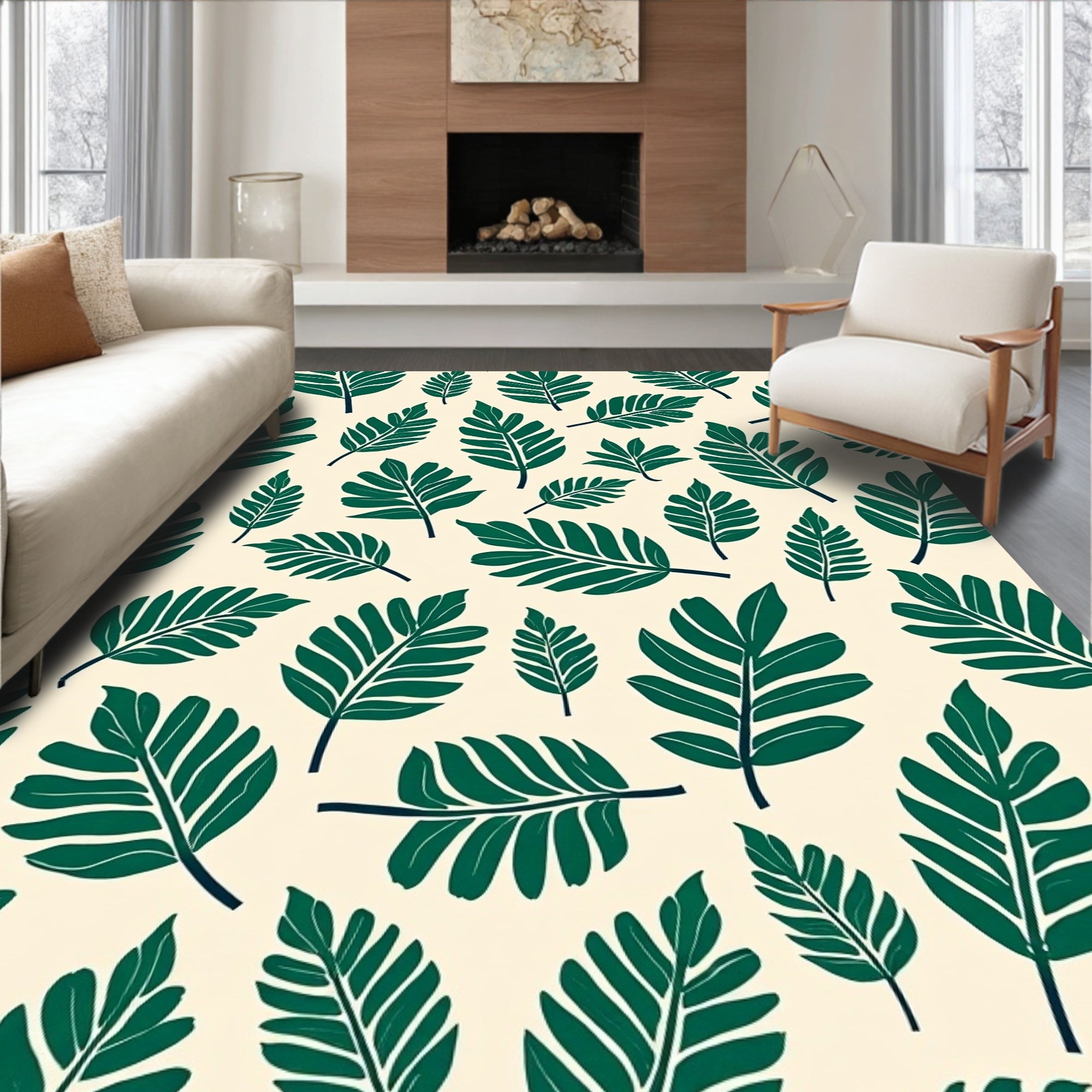 Deep Green Leaf Pattern Style Rug