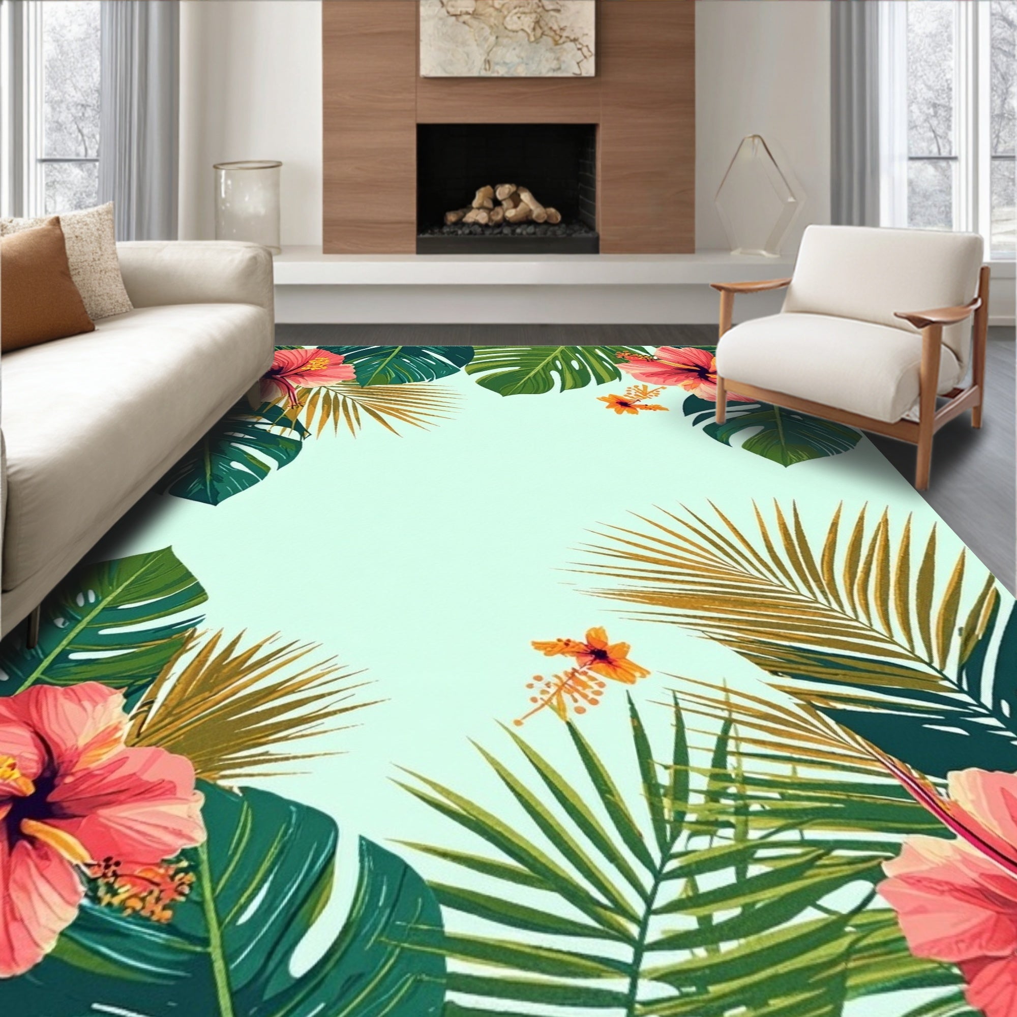 Tropical Hibiscus Palm Leaf Pattern Rug