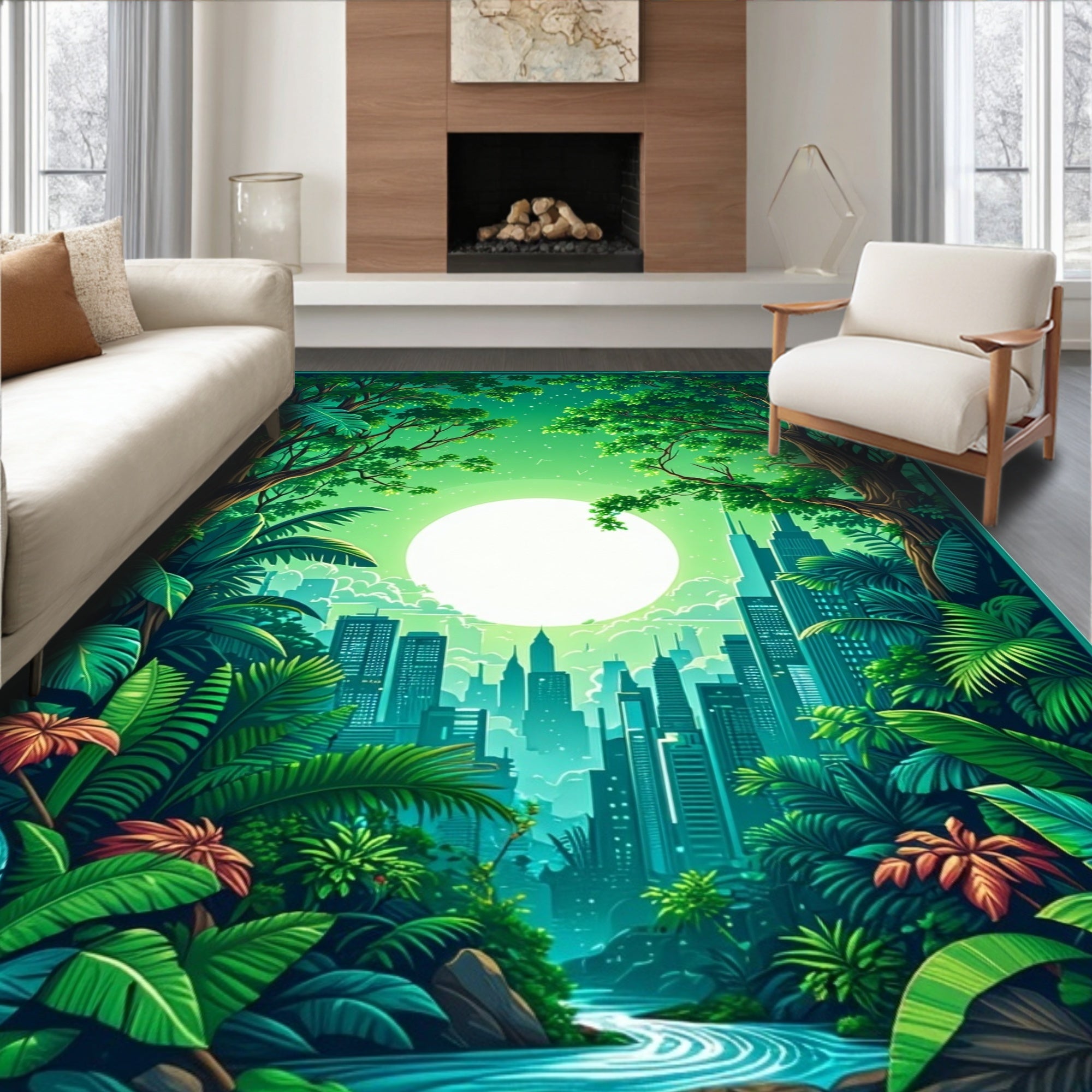 Lush Jungle Cityscape Tropical Nature Art Rug