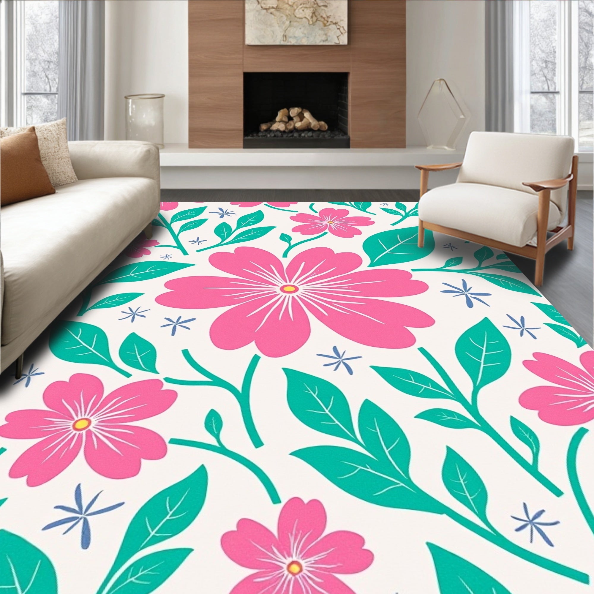 Pink and Teal Floral Pattern Design Rug