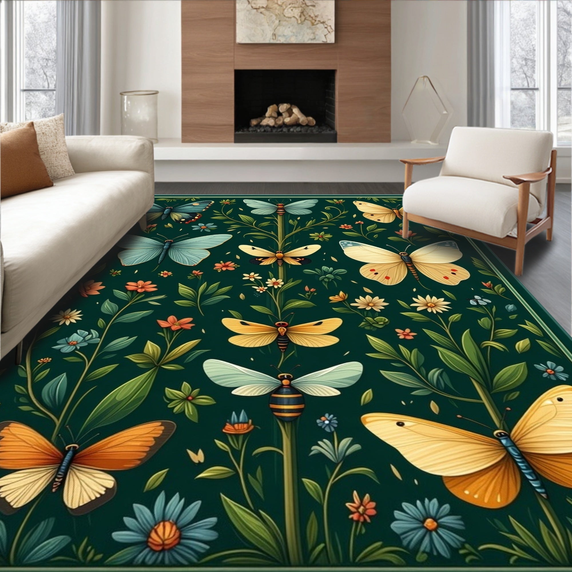 Whimsical Butterfly And Floral Art Rug