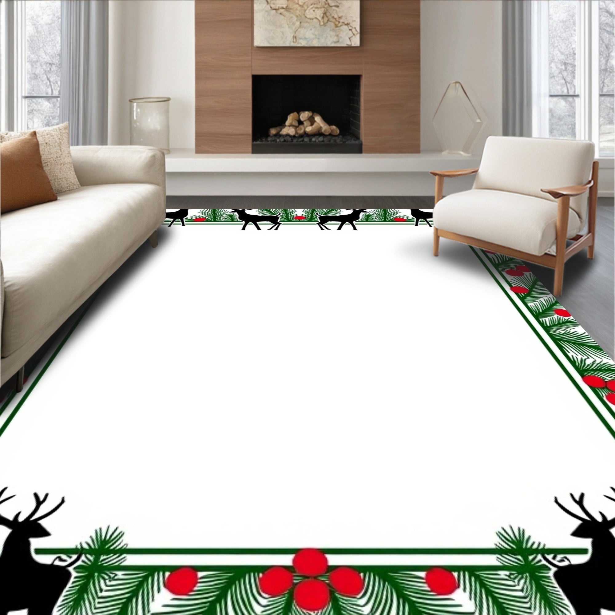 Holiday Deer Pine Holly Collage Rug