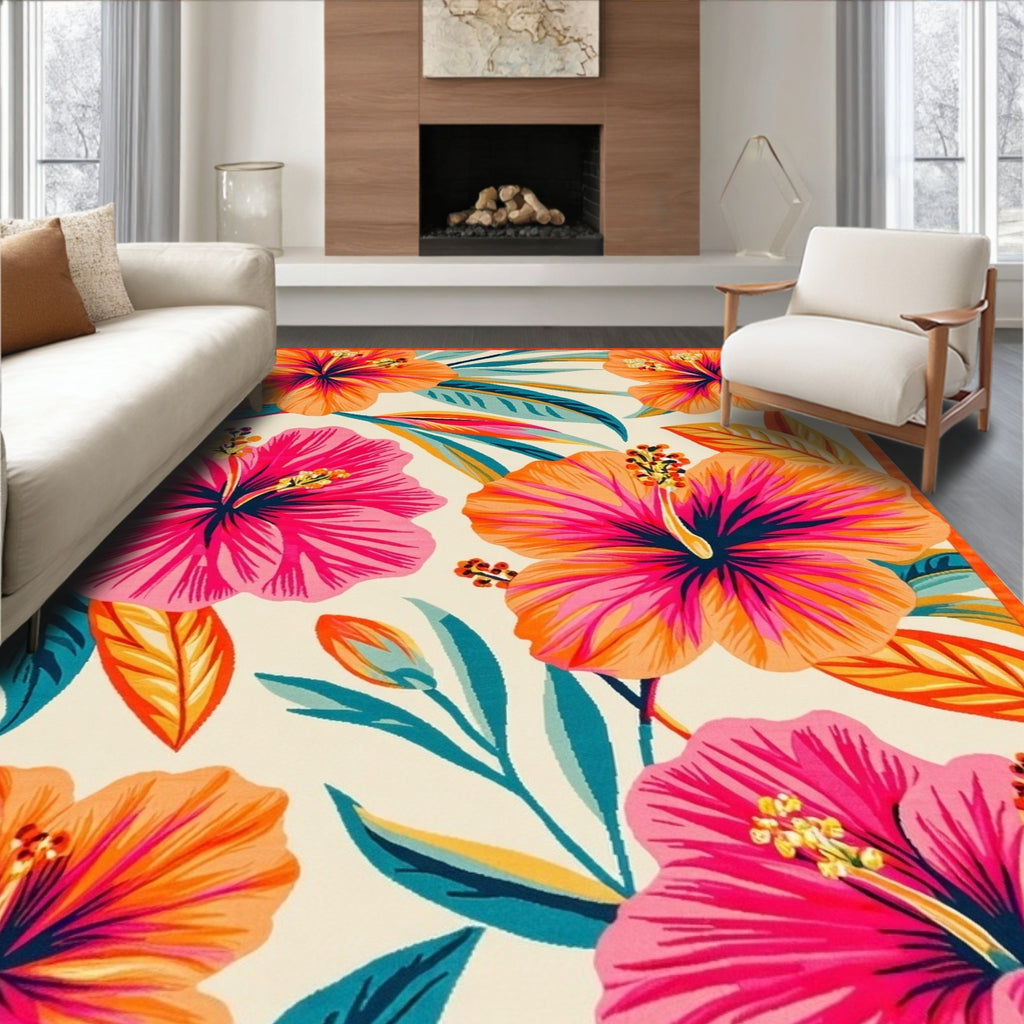 Tropical Hibiscus Floral Pattern Rug