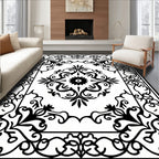 Ornate Floral Scrollwork Black White Rug
