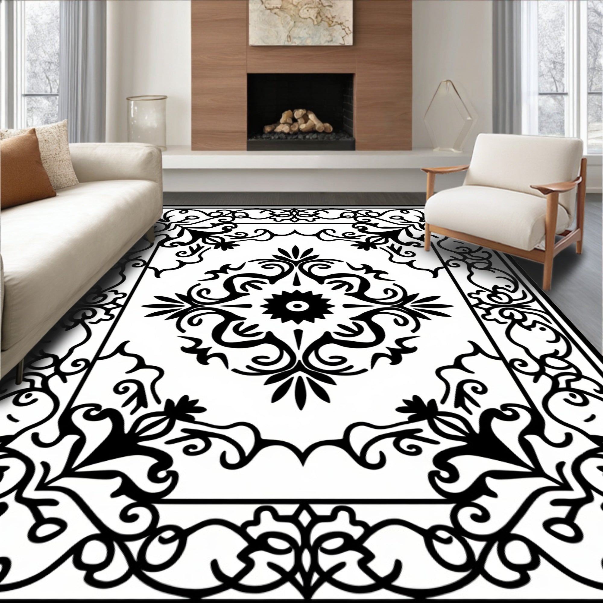 Ornate Floral Scrollwork Black White Rug