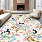 Whimsical Black Cats Floral Scroll Pattern Rug
