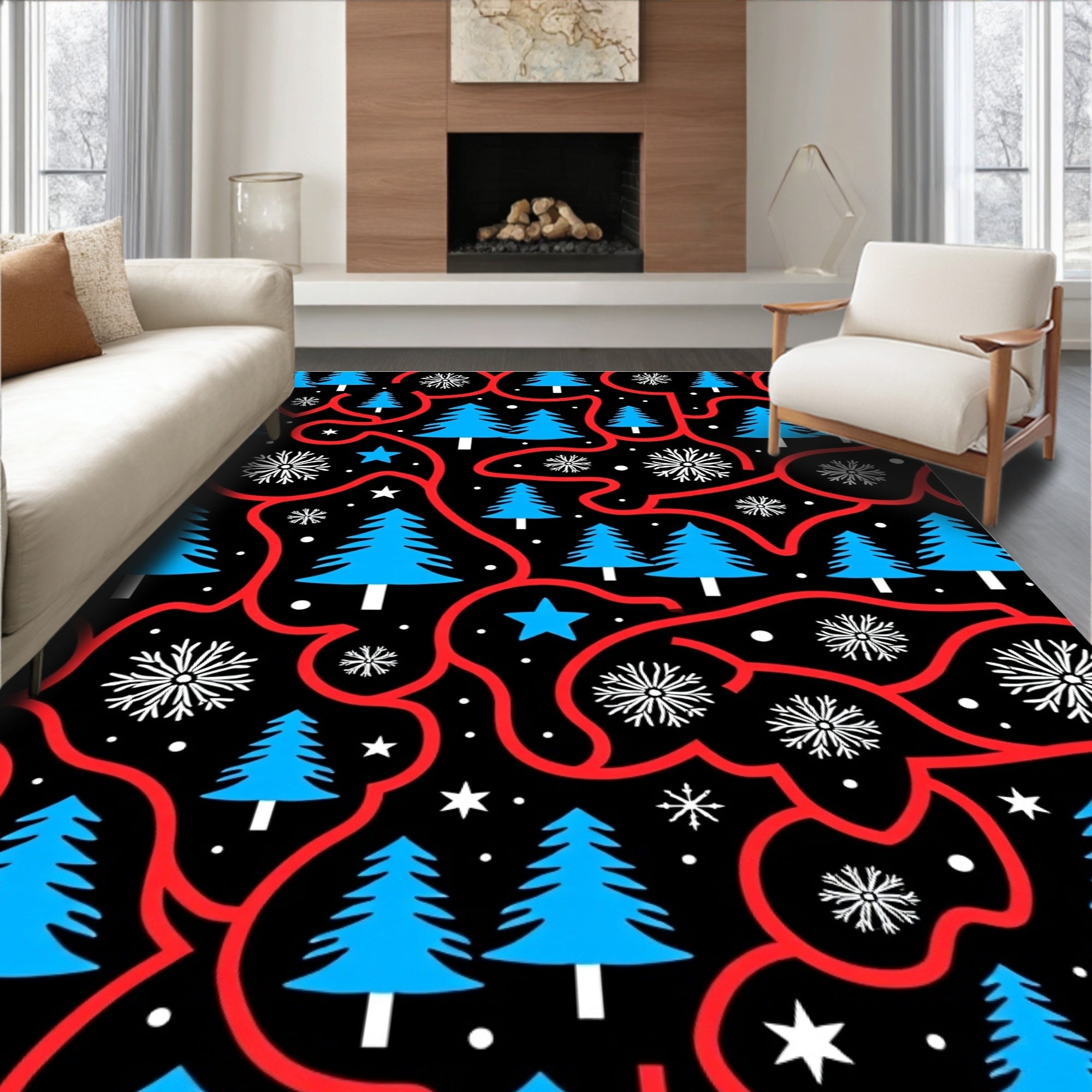 Blue Spruce Snowflakes Red Swirls Rug