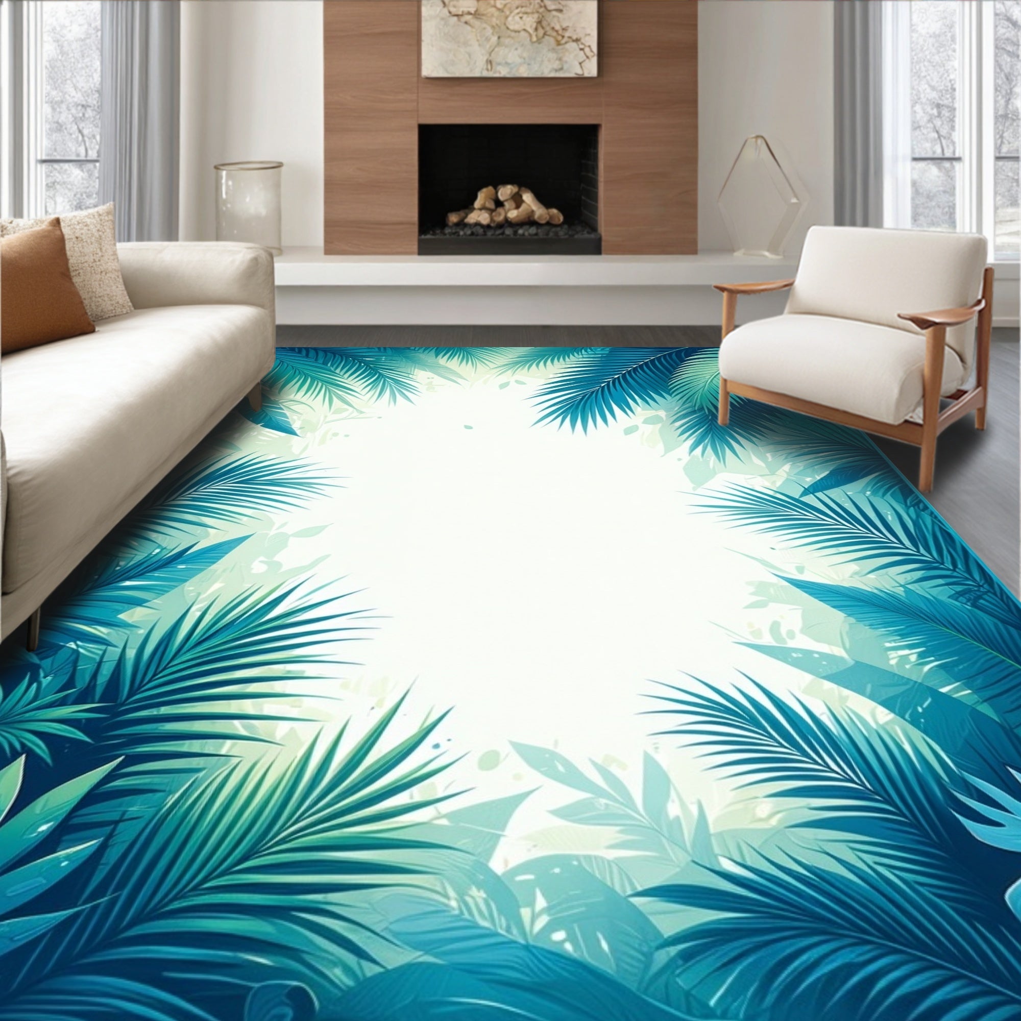 Tropical Palm Leaves Vibrant Blue Design Rug