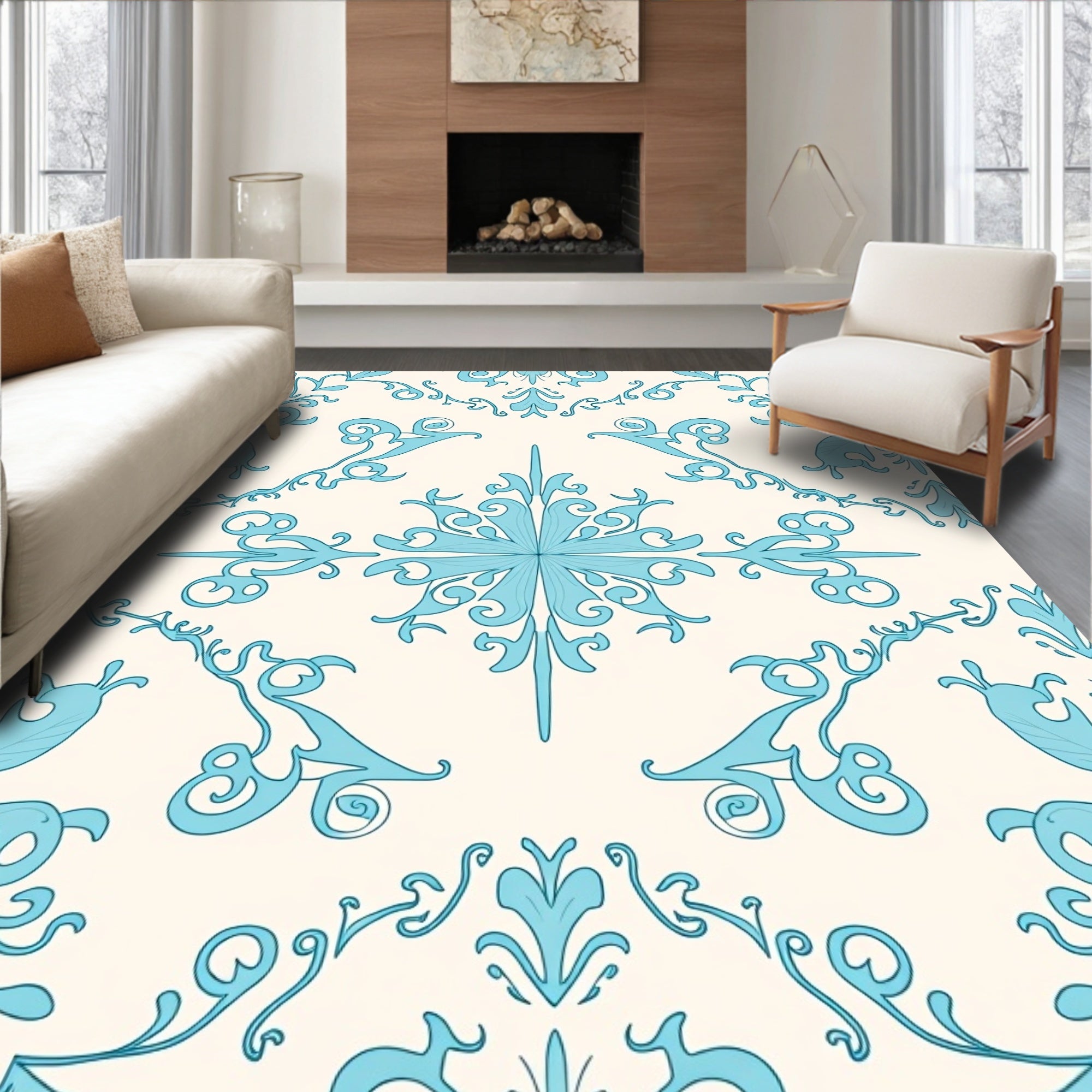 Sky Blue Vintage Floral Medallion Rug