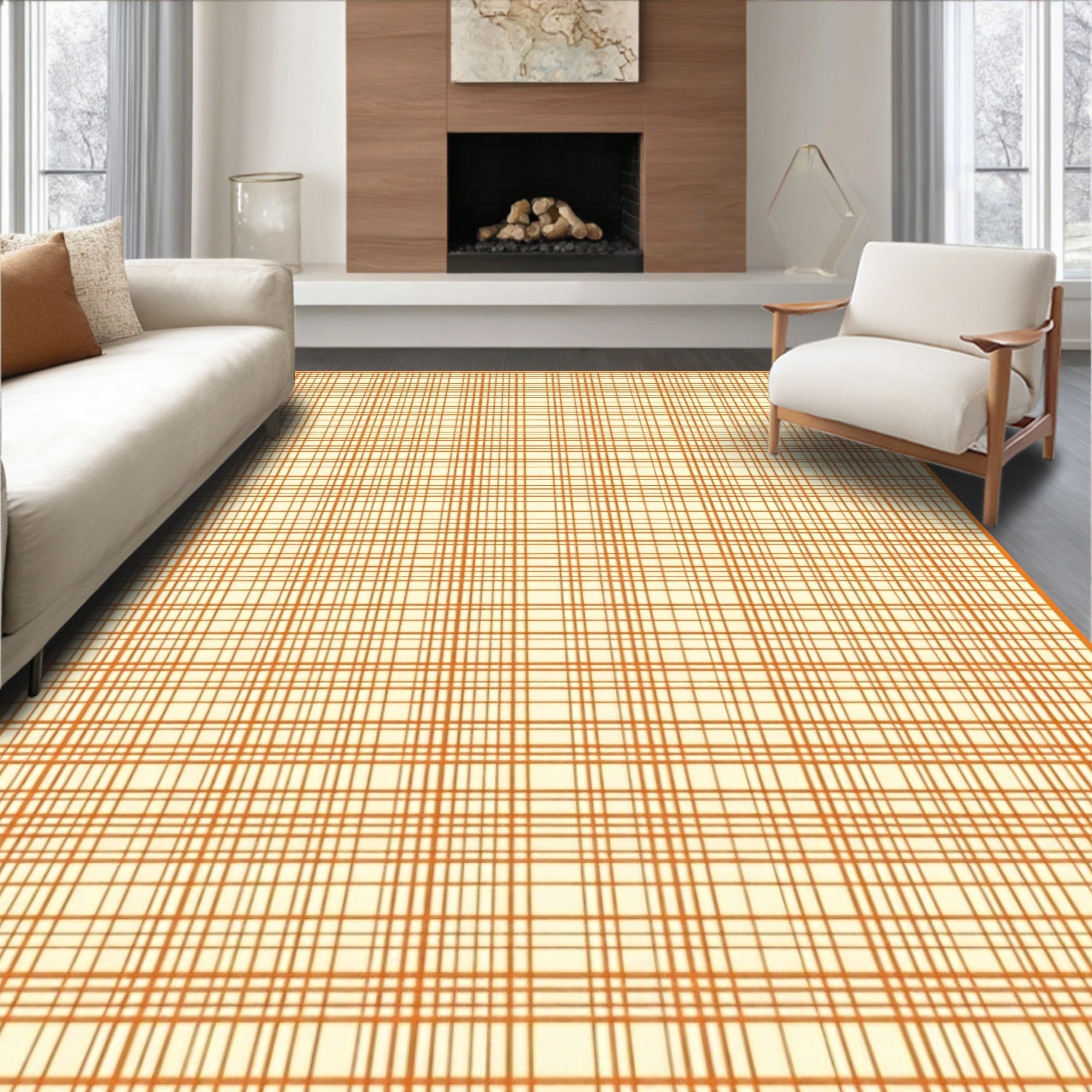 Classic Orange Plaid Grid Pattern Rug