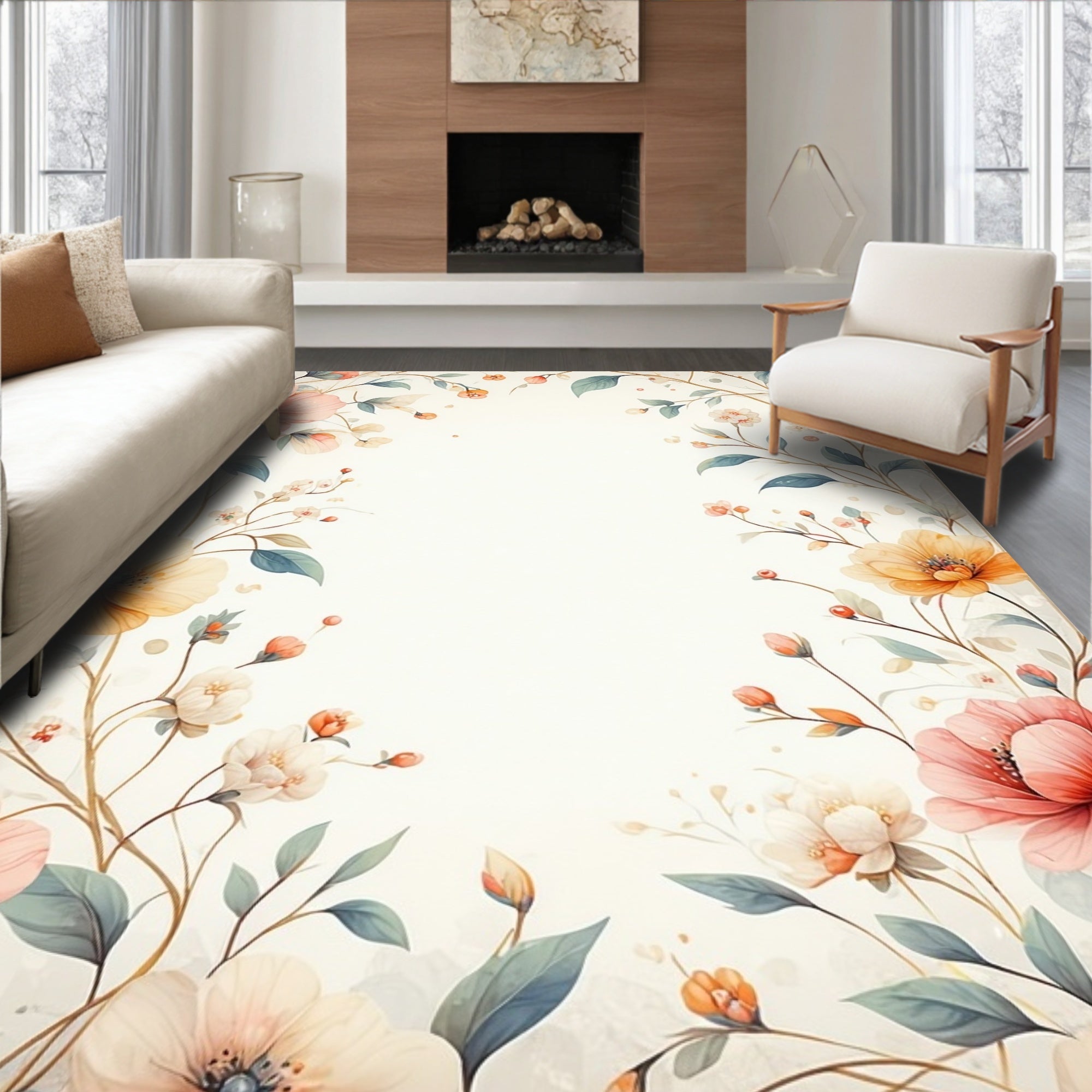 Soft Botanical Branch Floral Design Rug