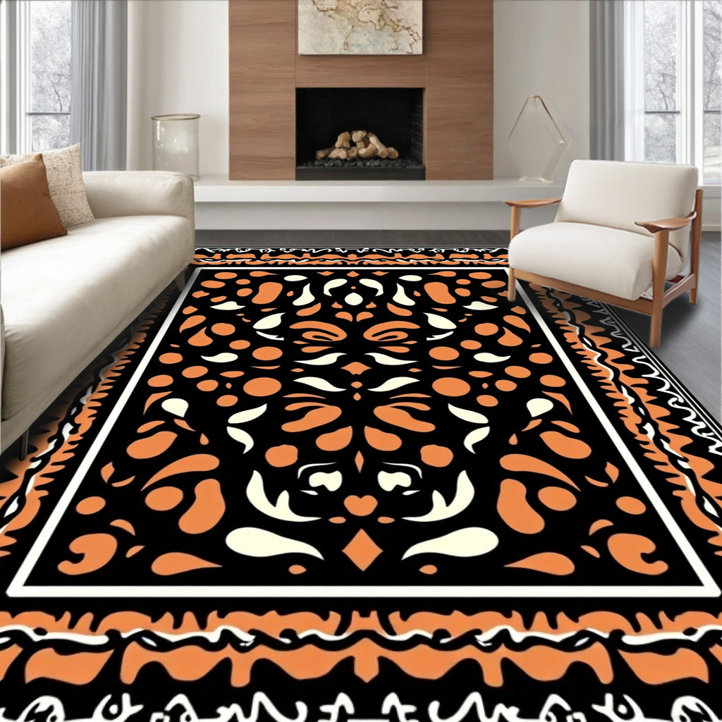 Bold Black Orange Floral Frame Rug
