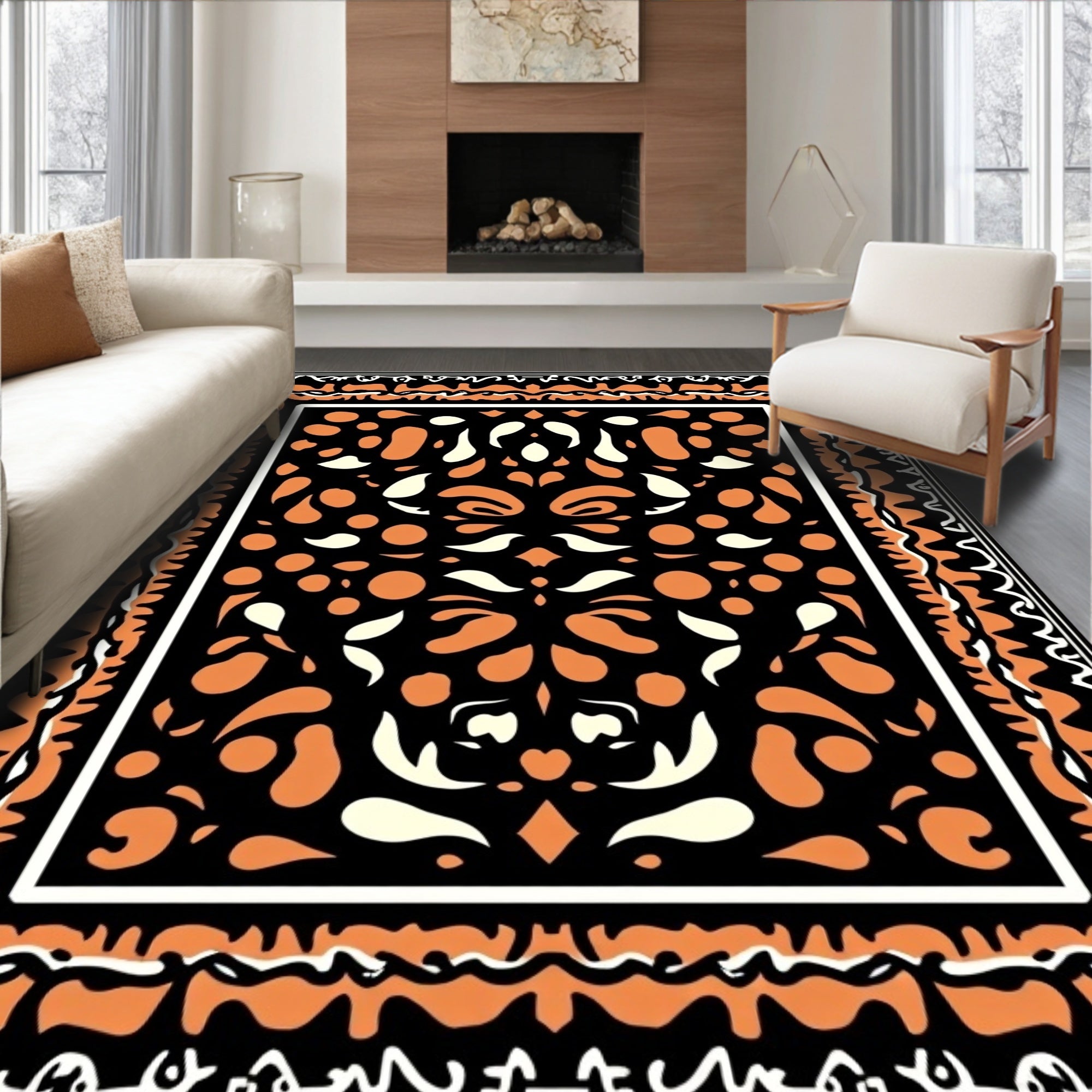 Bold Black Orange Floral Frame Rug