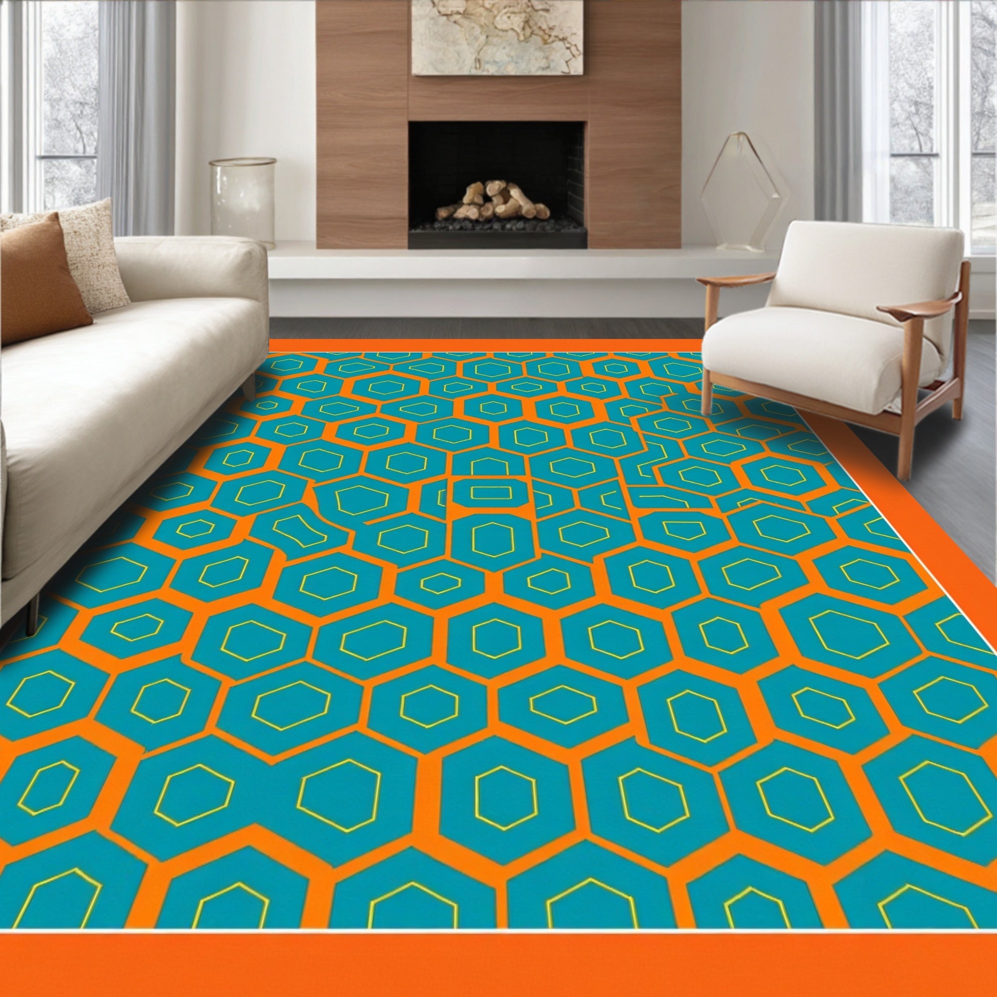 Modern Teal Orange Geometric Hexagon Pattern Rug