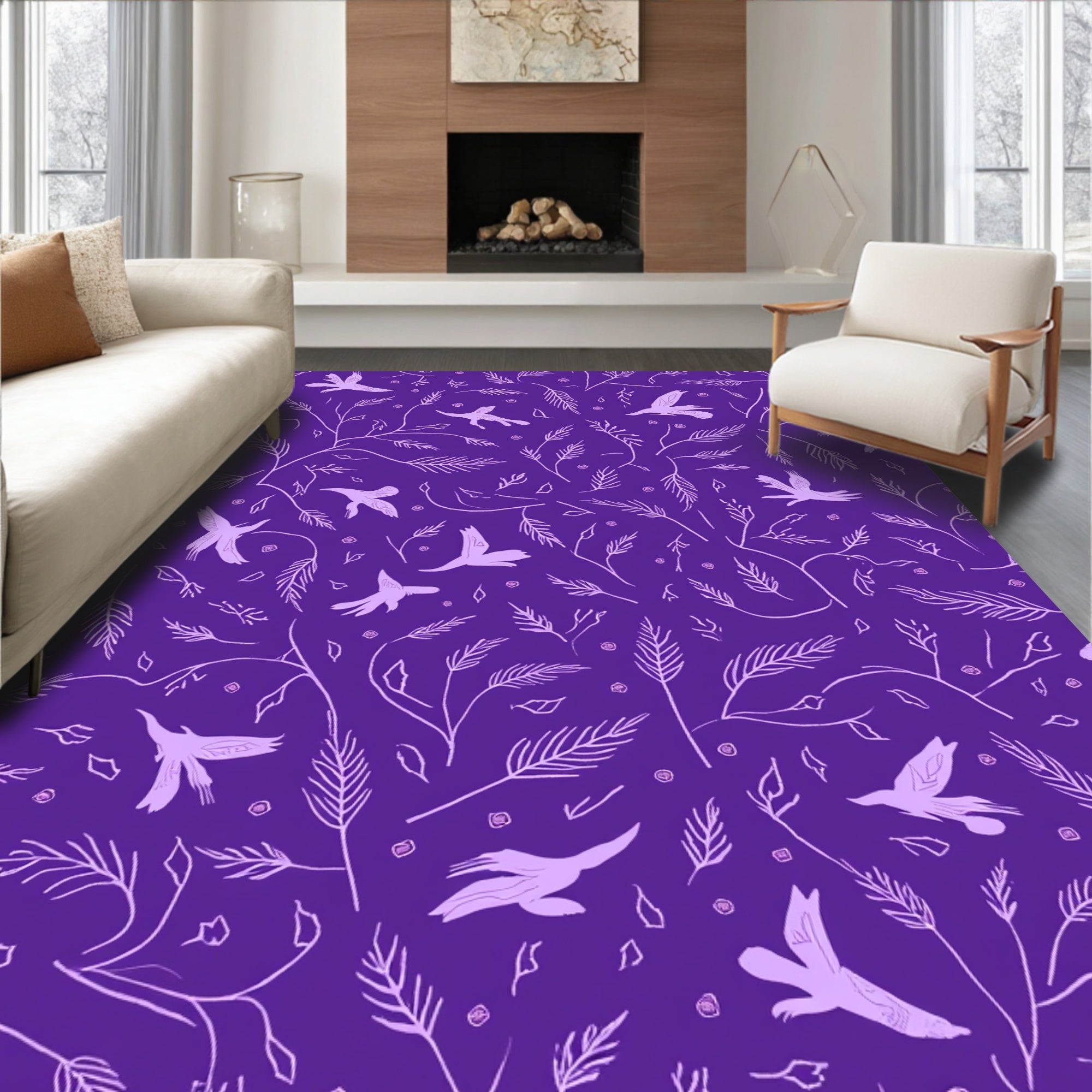 Whimsical Birds with Botanical Vines Pattern Rug