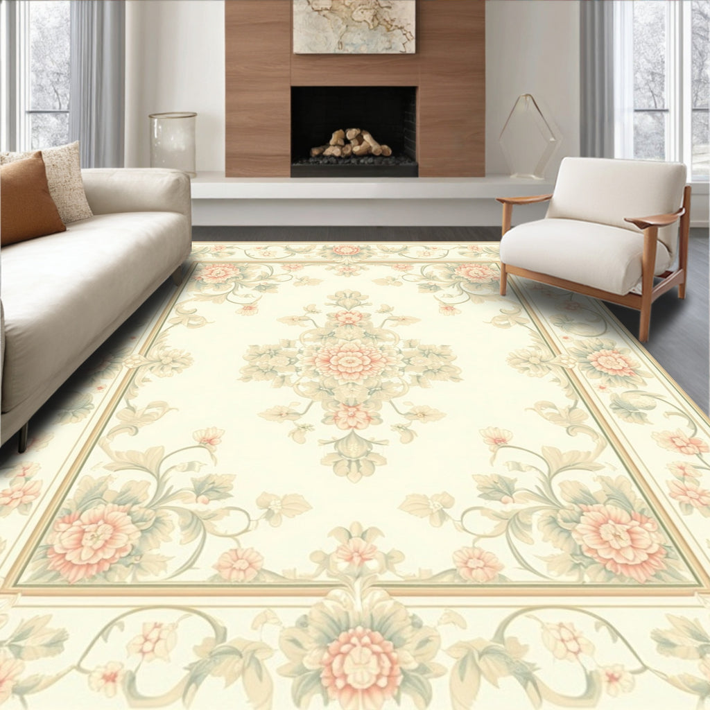 Floral Damask Centerpiece Ivory Border Rug