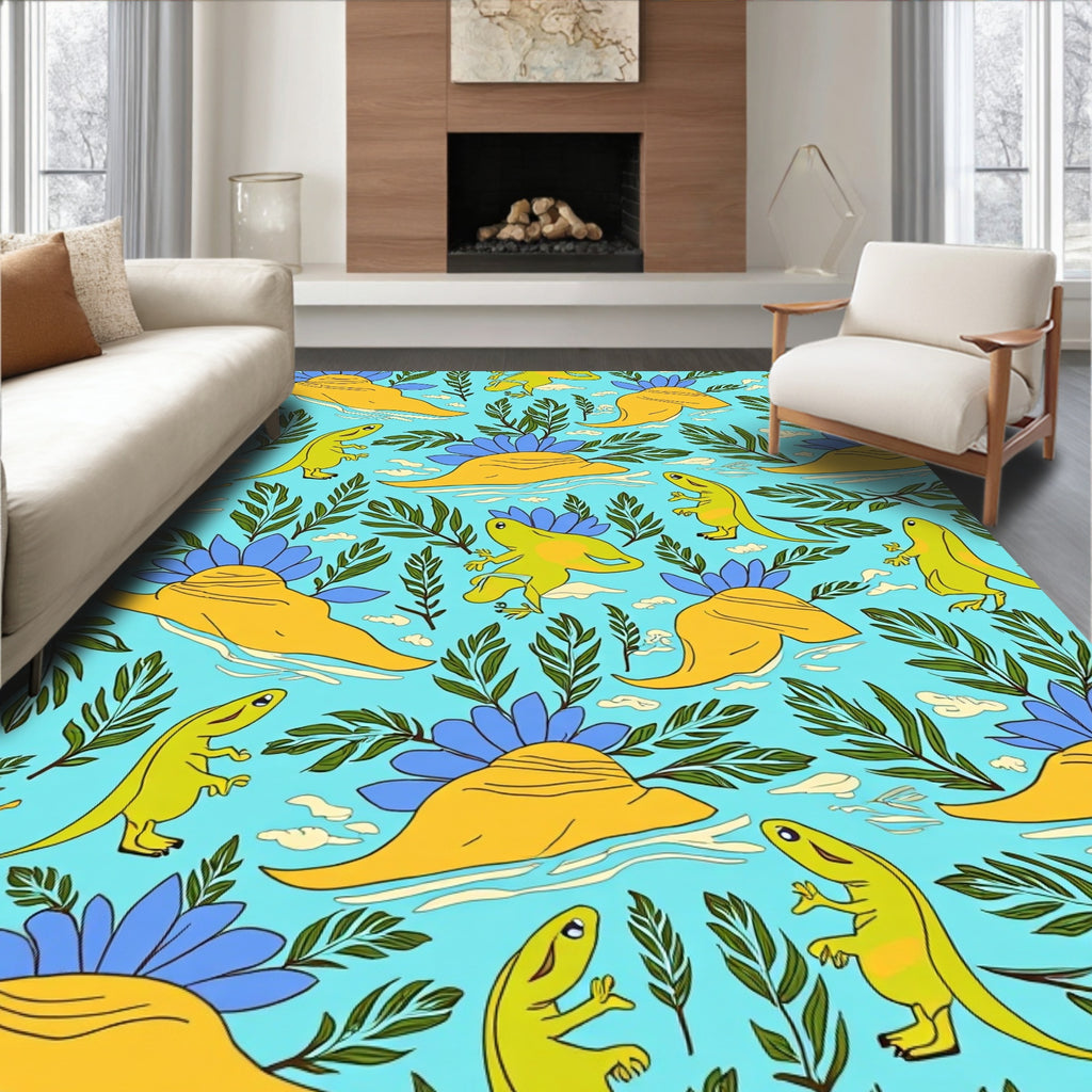 Playful Dinosaur Leaf Pattern Rug