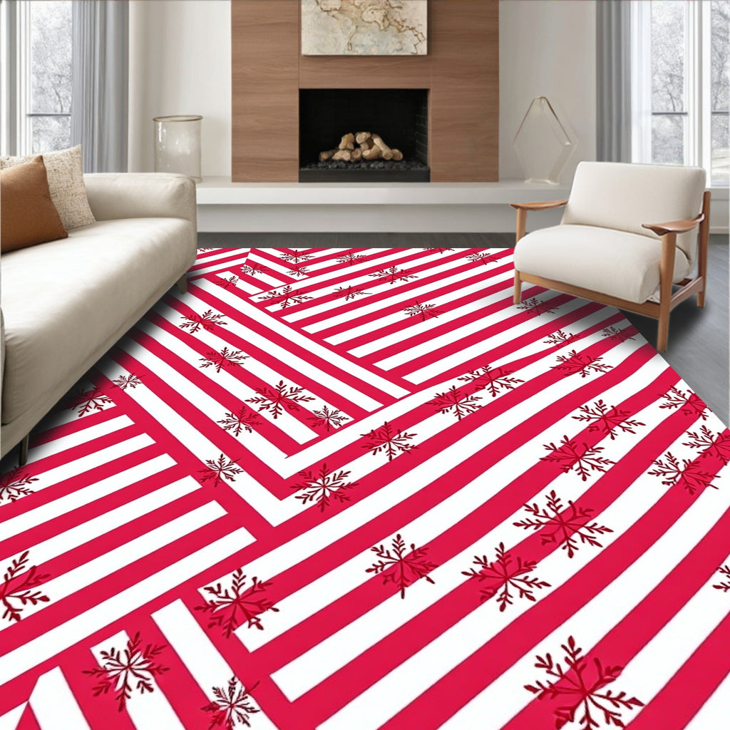 Red White Striped Snowflake Cluster Rug
