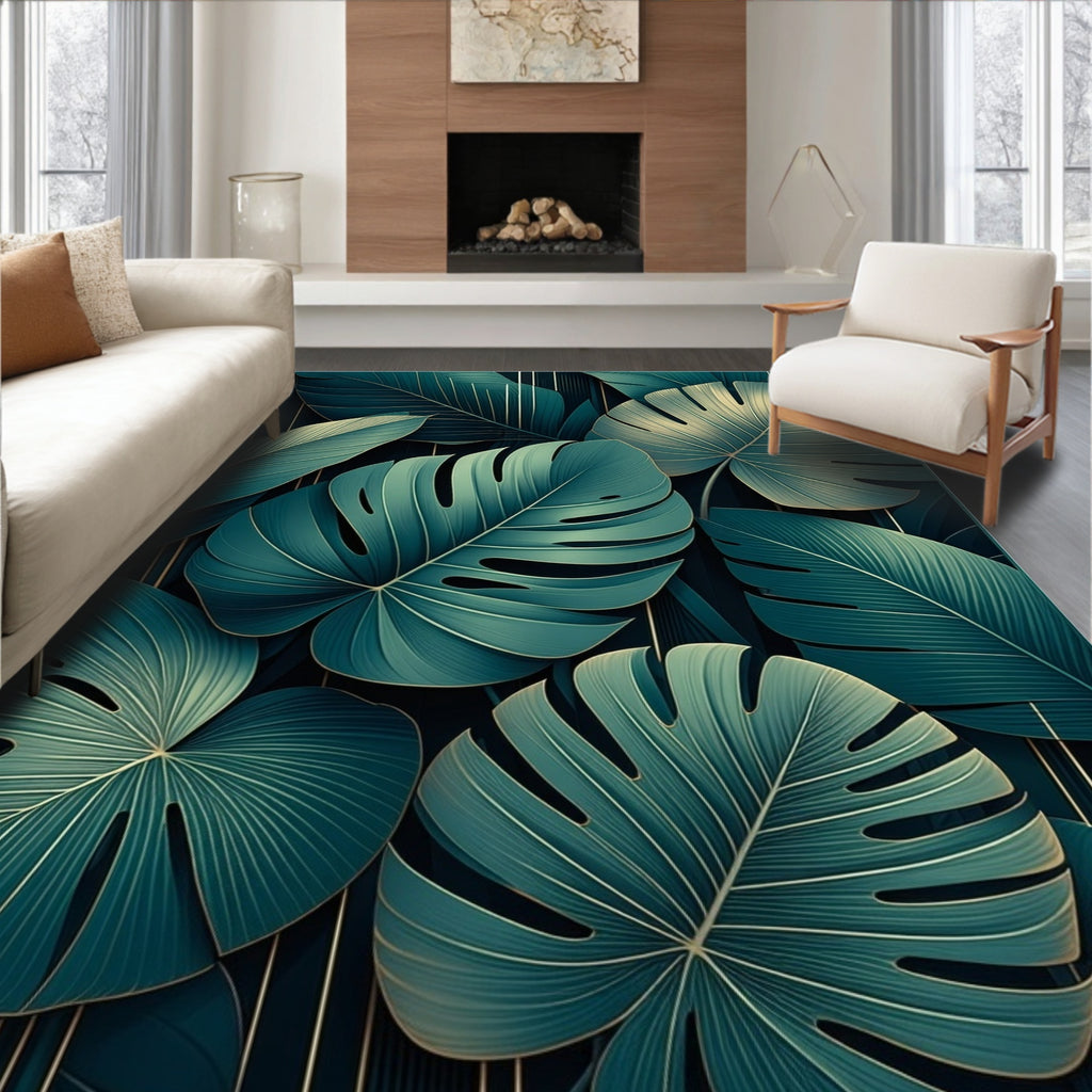 Tropical Green Leaf Vertical Lines Design Rug