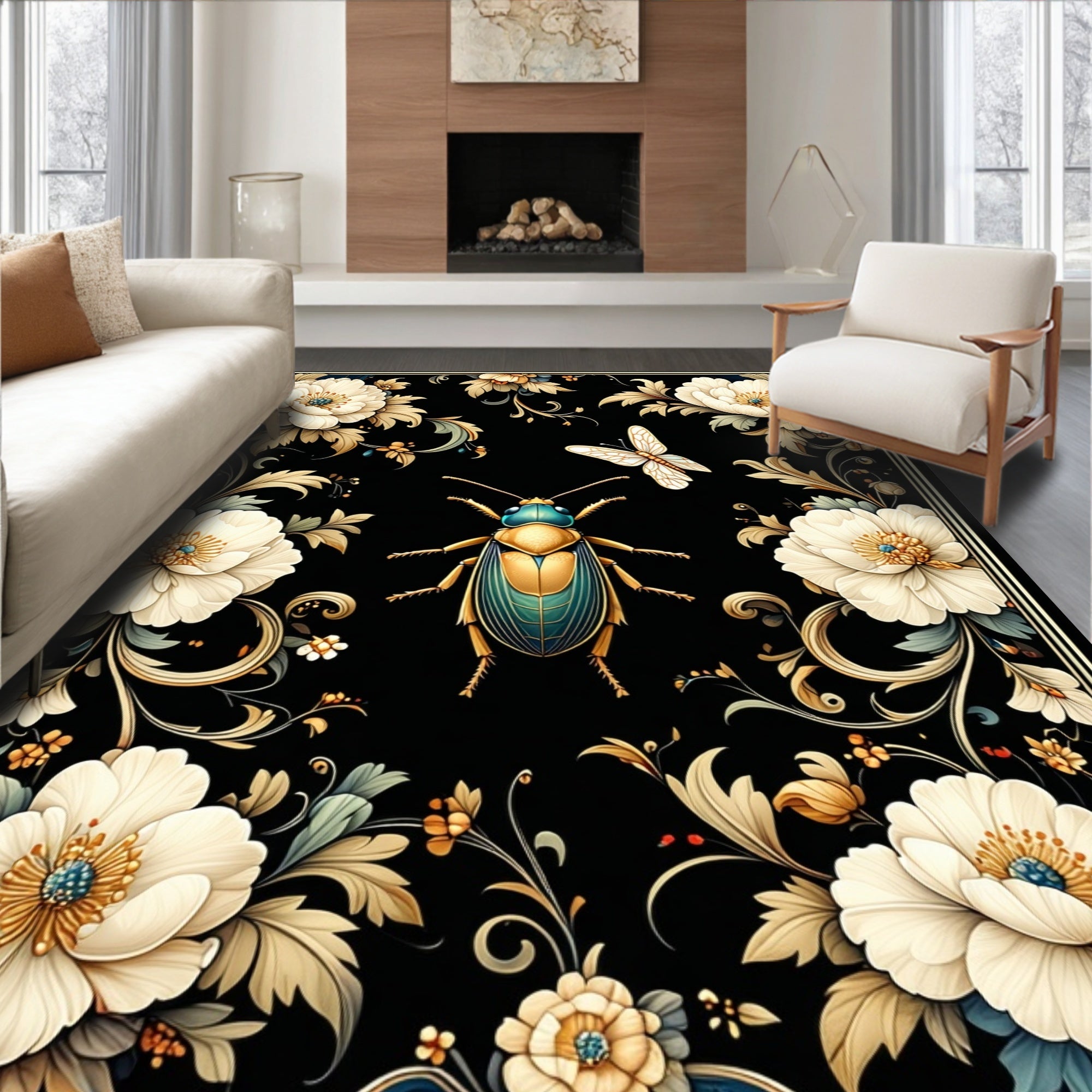 Ornate Floral Insect Pattern Rug