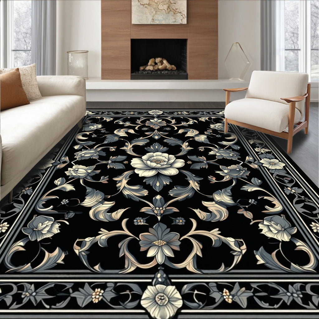 Ornate Black Floral Scroll Garden Rug