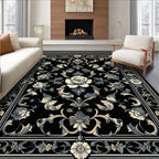 Ornate Black Floral Scroll Garden Rug